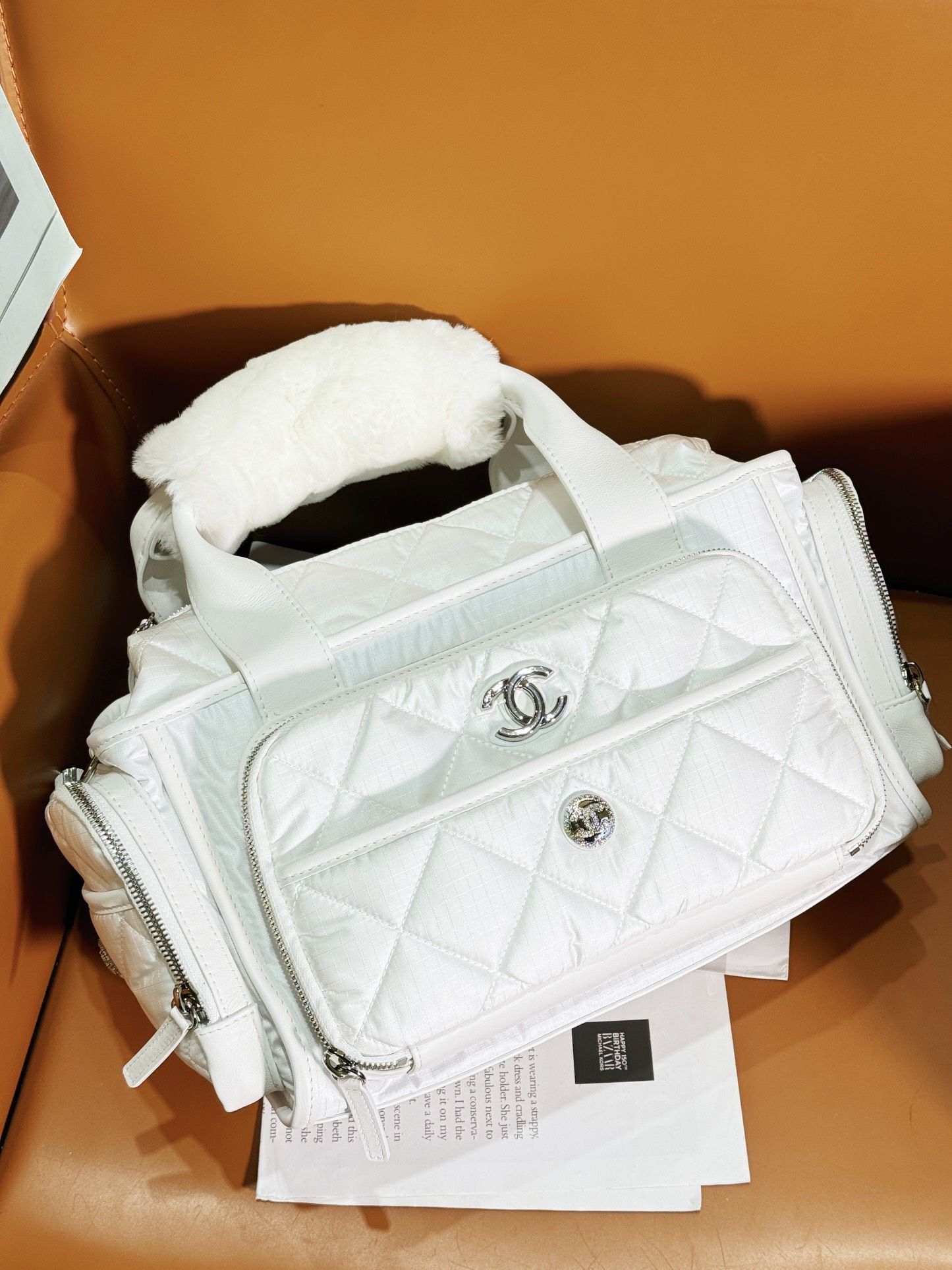 CHANEL Large Bowling Bag White Nylon Silver Tone Metal