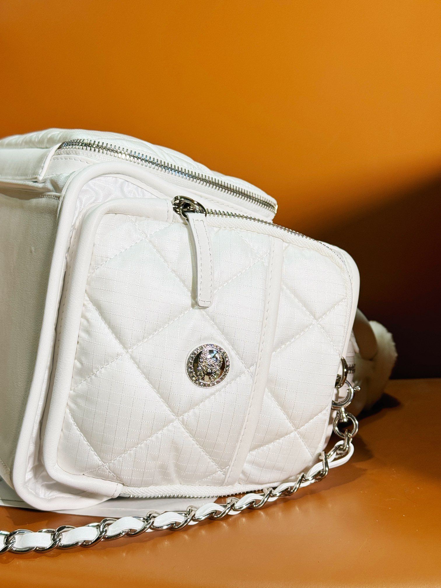 CHANEL Large Bowling Bag White Nylon Silver Tone Metal