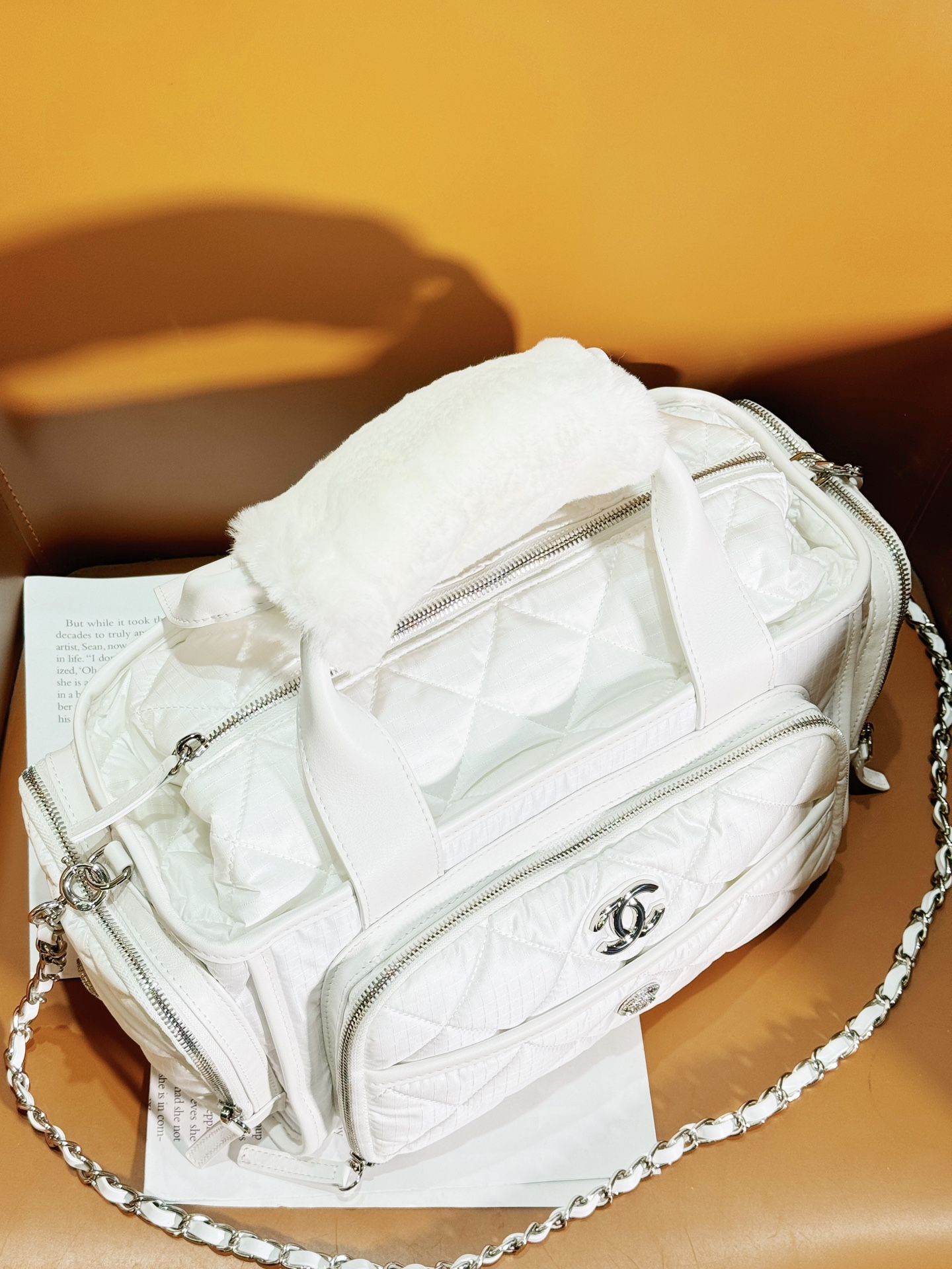 CHANEL Large Bowling Bag White Nylon Silver Tone Metal