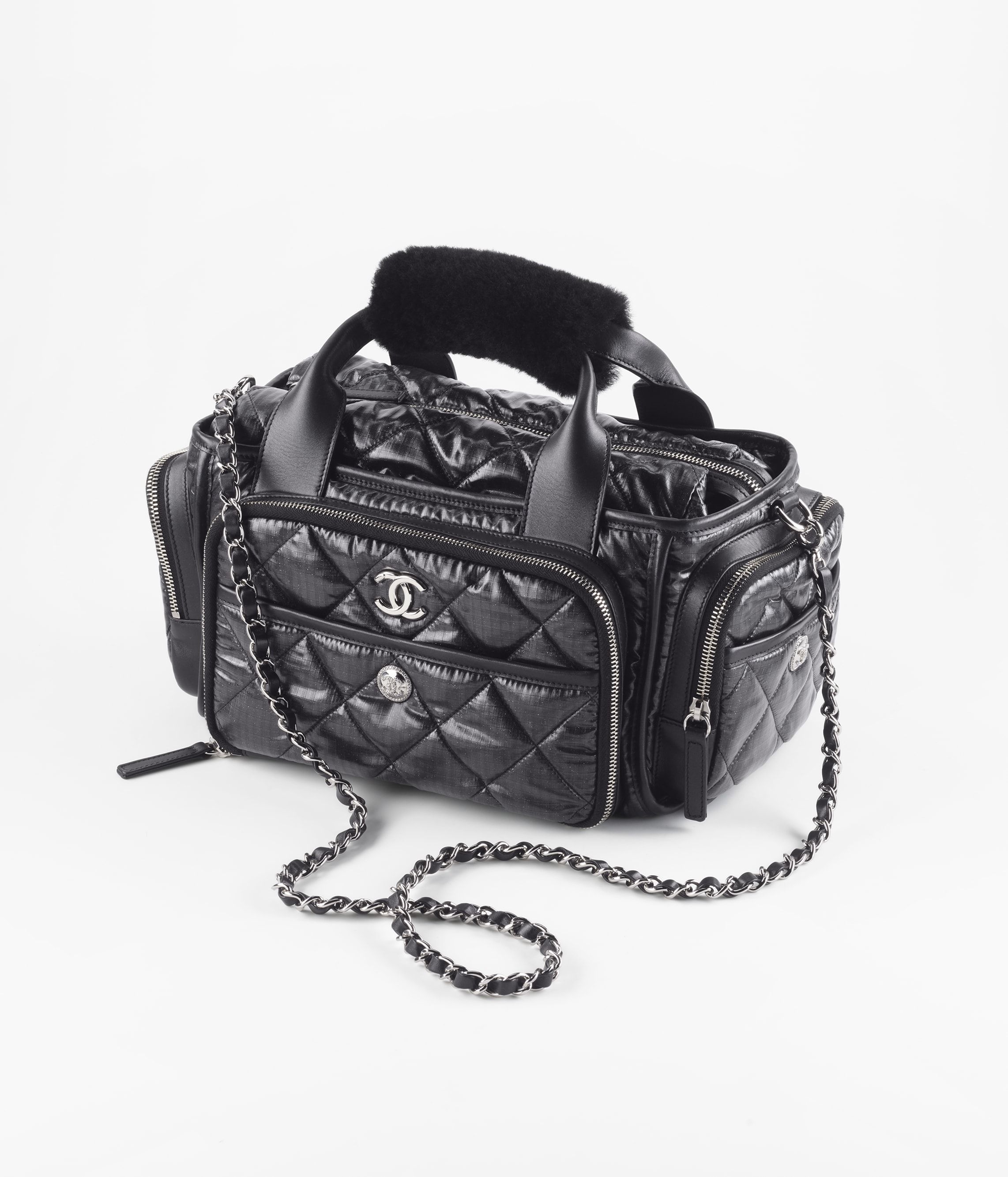 CHANEL Large Bowling Bag Black Nylon Silver Tone Metal