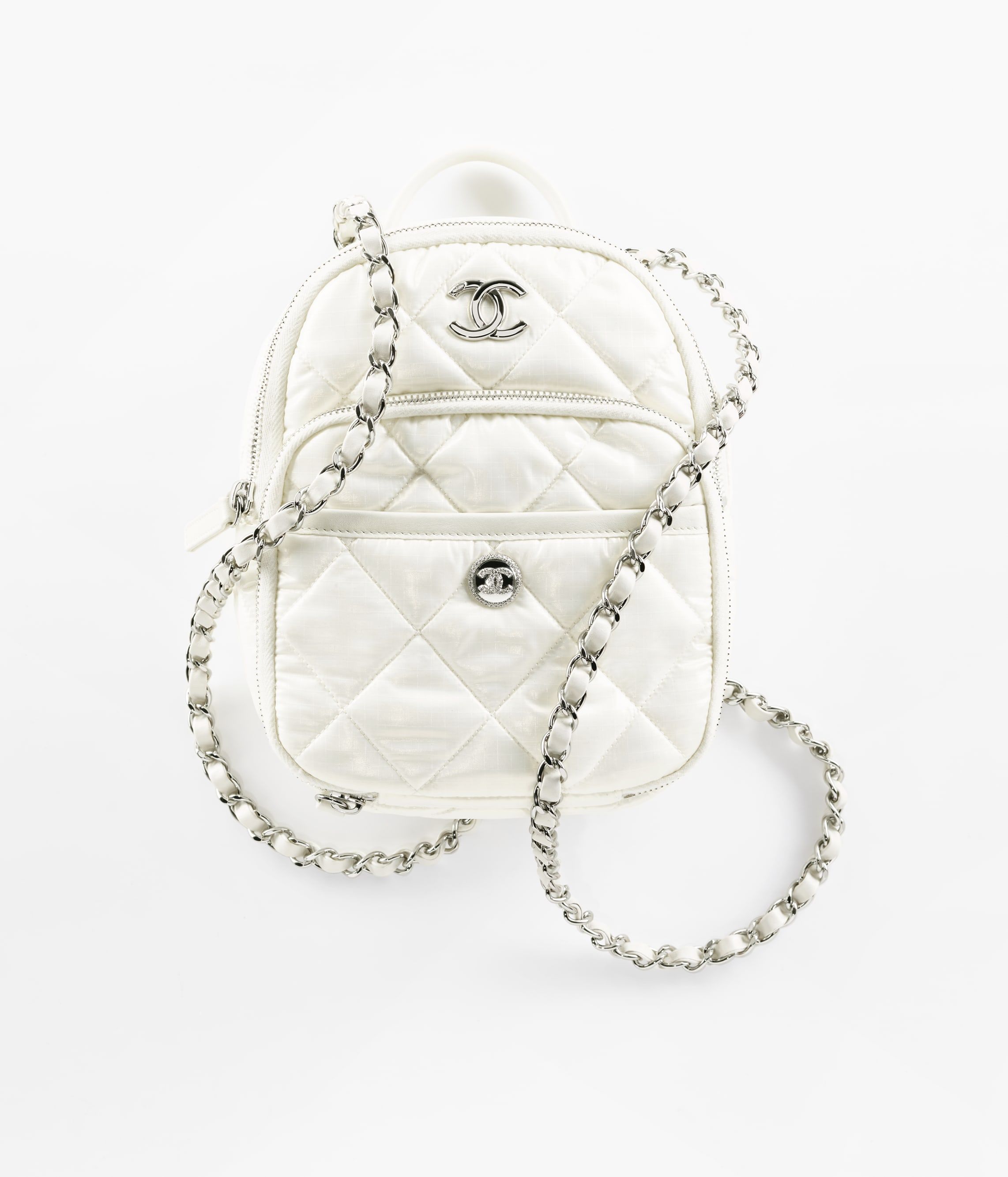 CHANEL Backpack White Nylon Silver Tone Metal