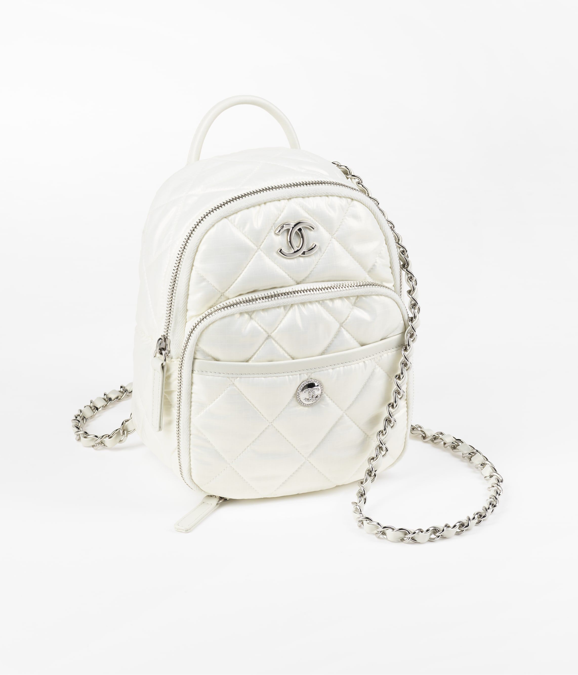 CHANEL Backpack White Nylon Silver Tone Metal