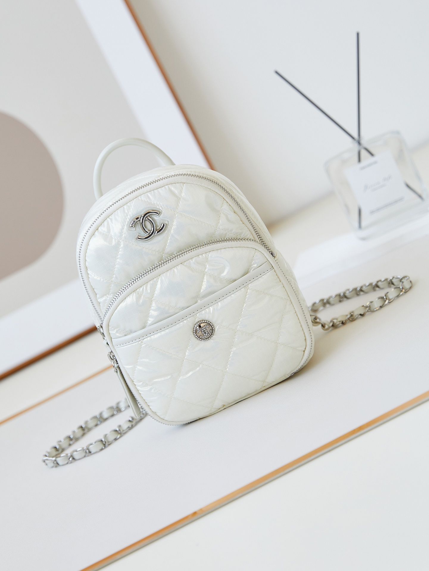 CHANEL Backpack White Nylon Silver Tone Metal