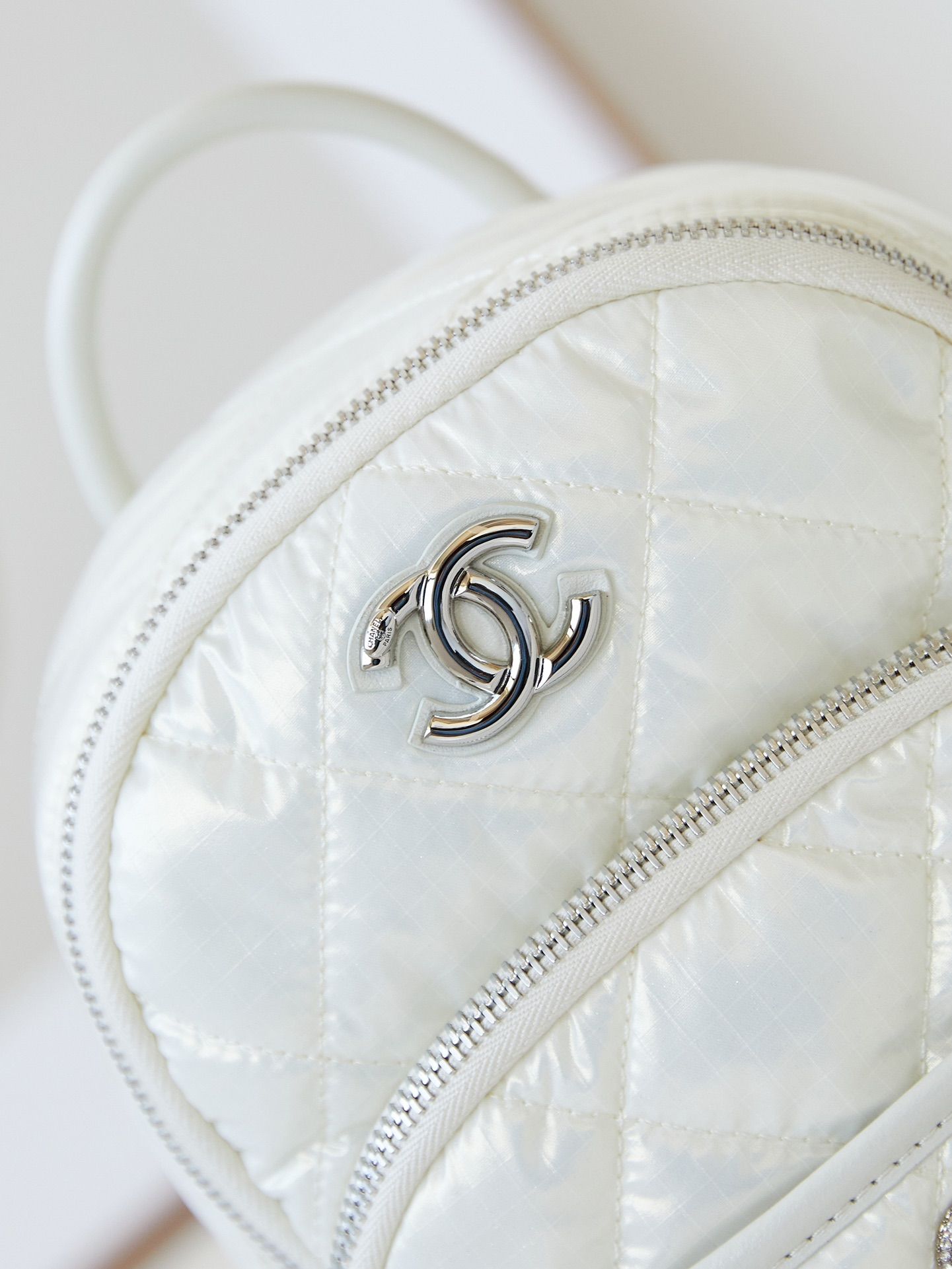 CHANEL Backpack White Nylon Silver Tone Metal