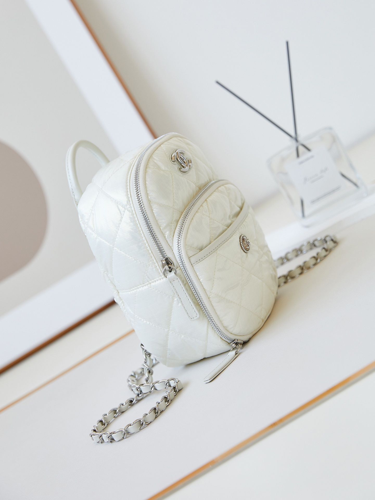 CHANEL Backpack White Nylon Silver Tone Metal