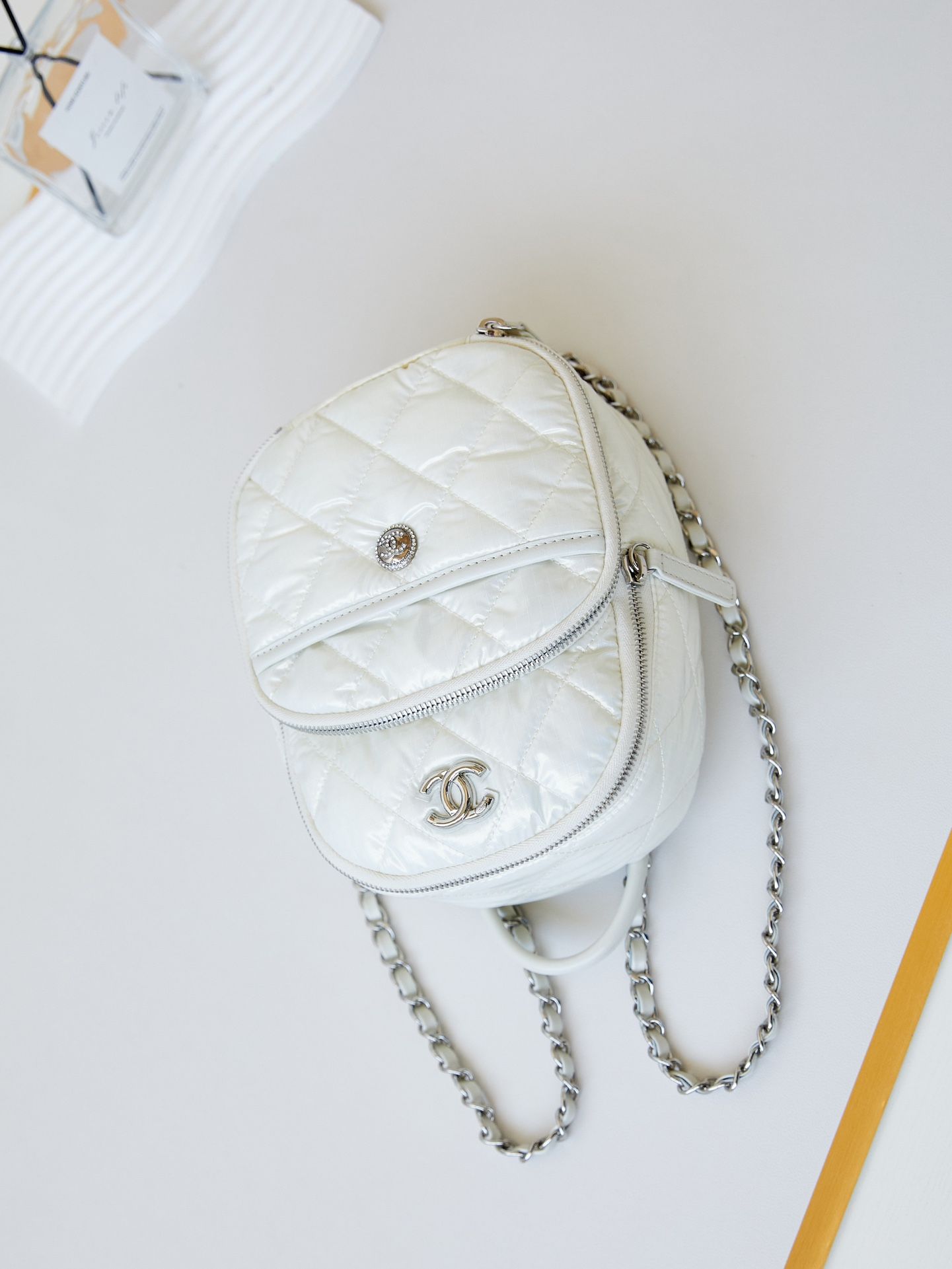 CHANEL Backpack White Nylon Silver Tone Metal