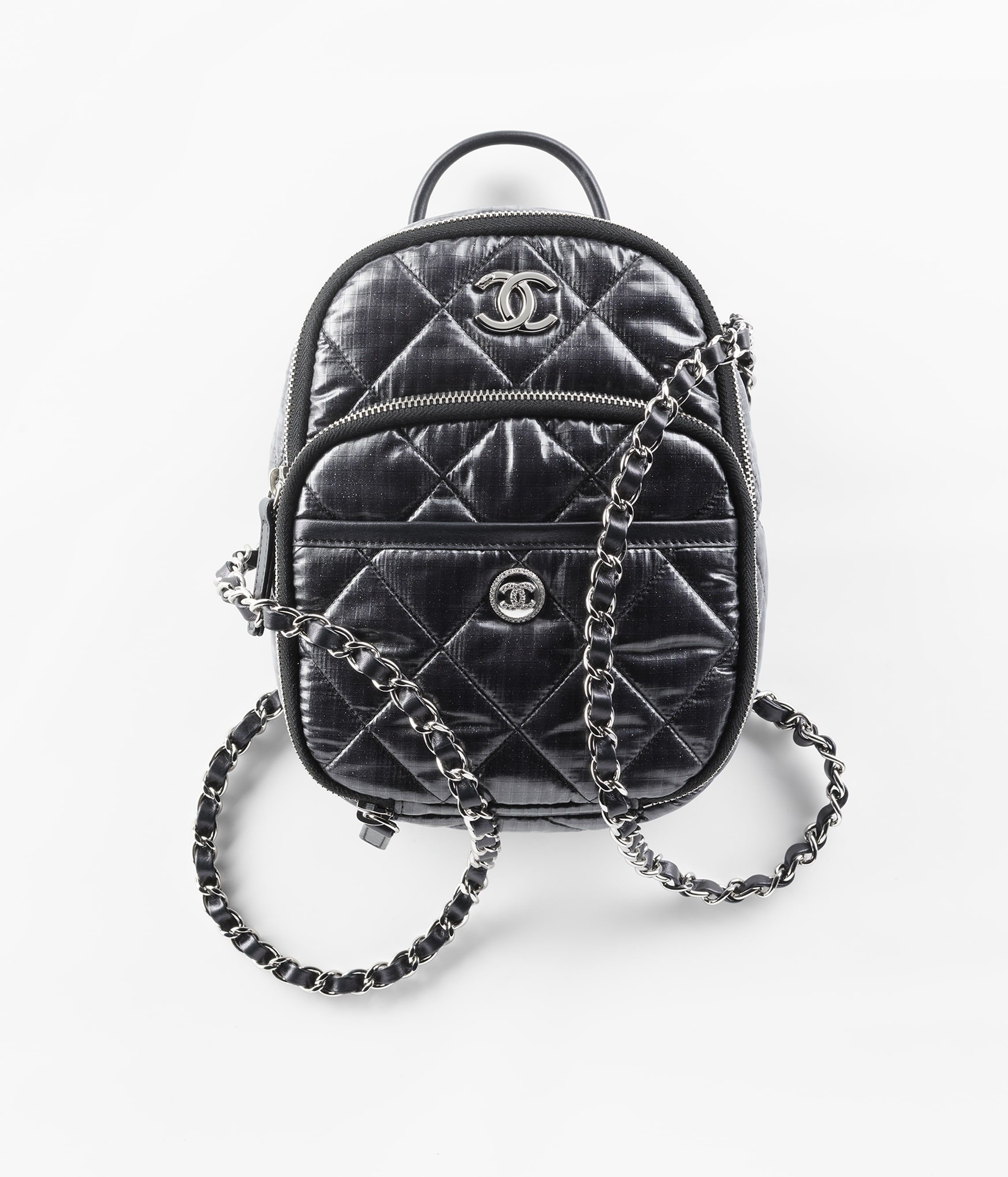 CHANEL Backpack Black Nylon Silver Tone Metal