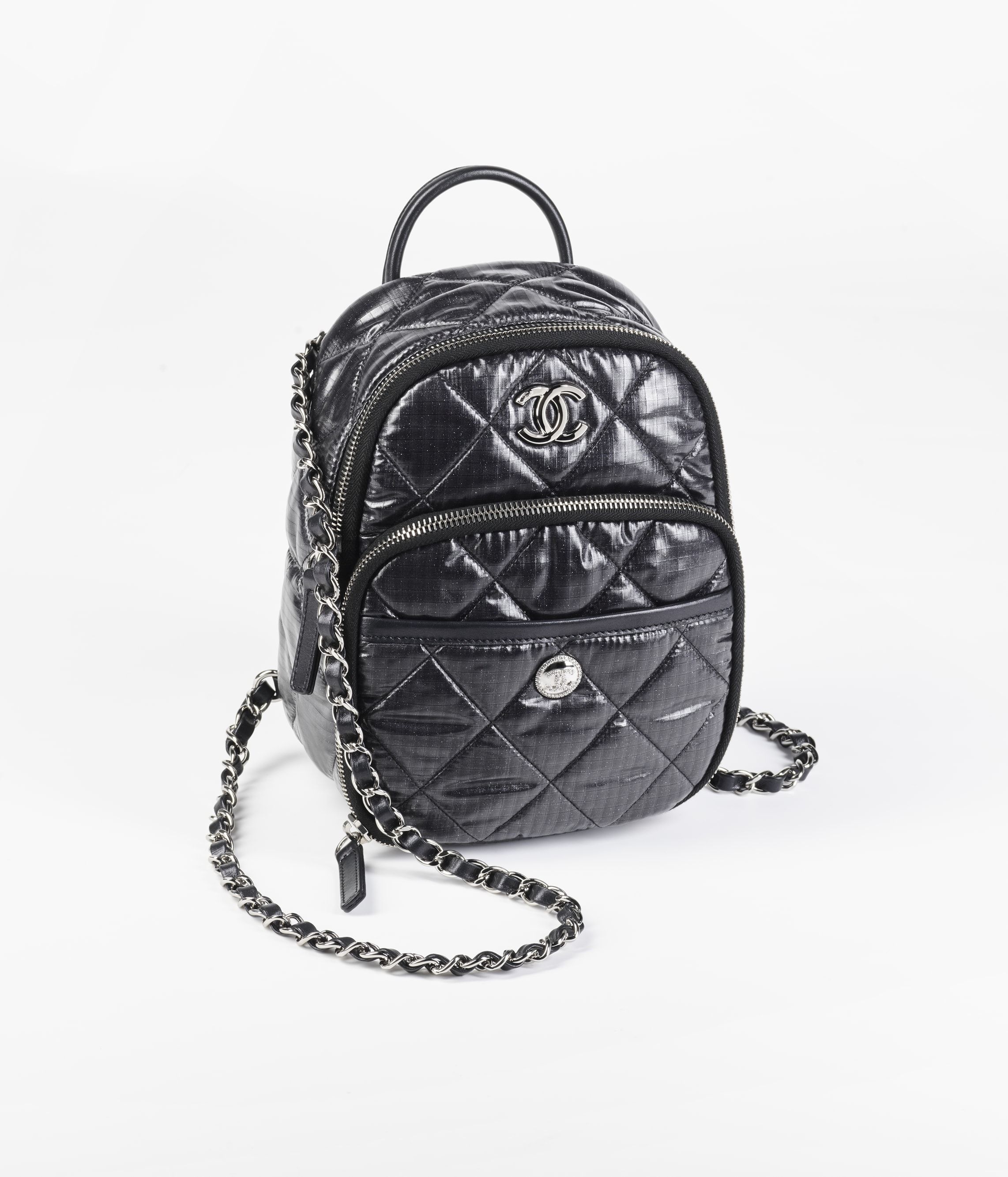 CHANEL Backpack Black Nylon Silver Tone Metal