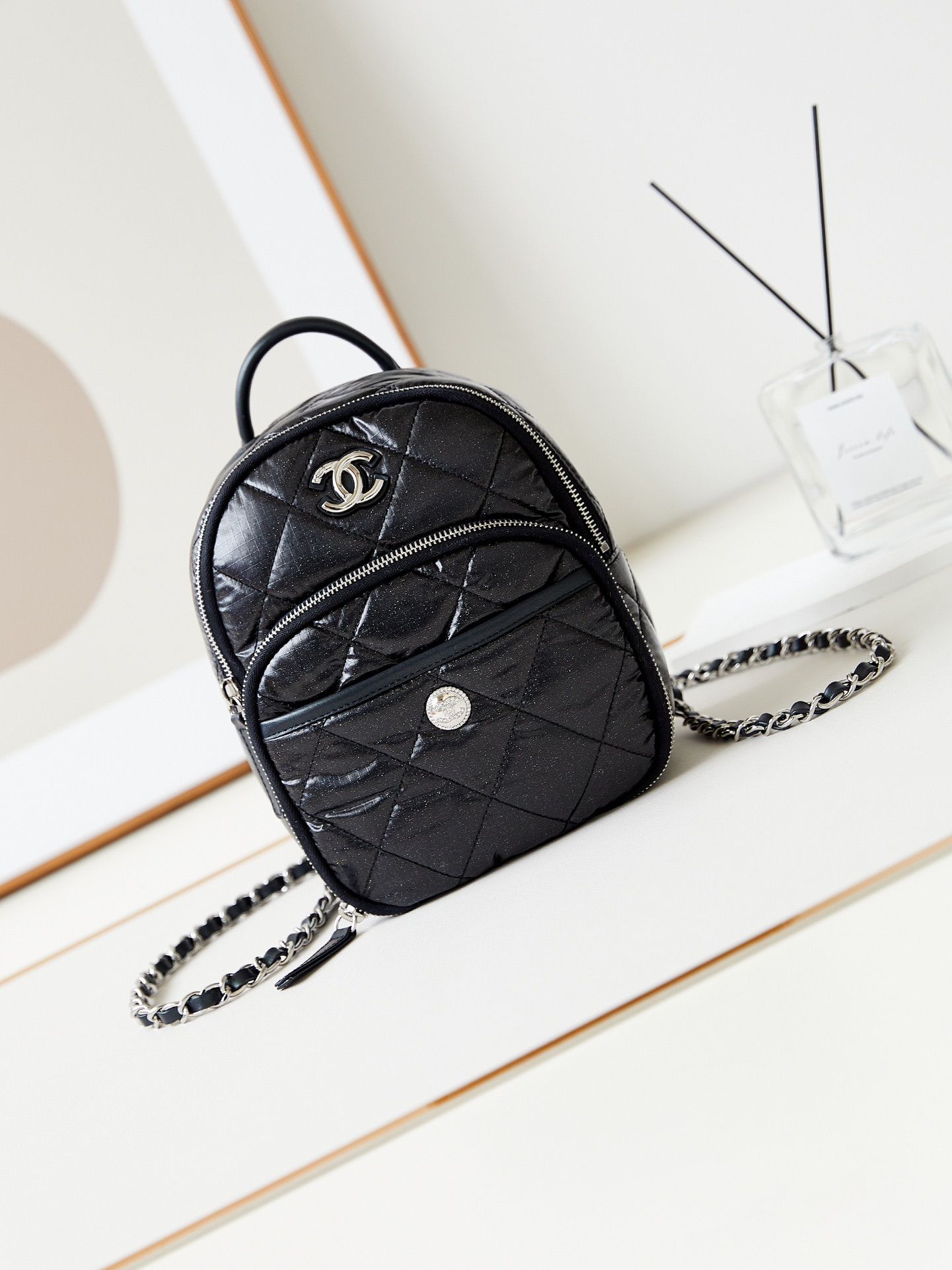 CHANEL Backpack Black Nylon Silver Tone Metal