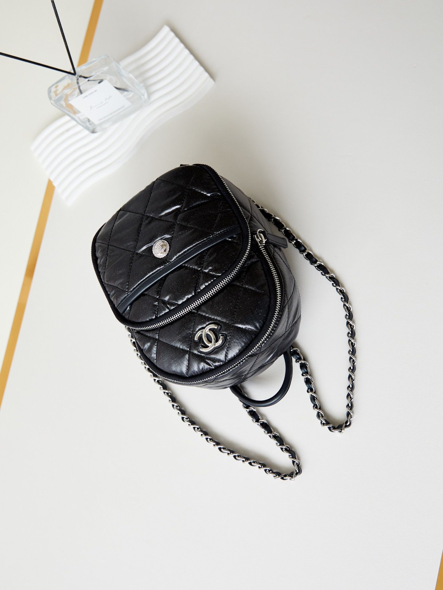 CHANEL Backpack Black Nylon Silver Tone Metal