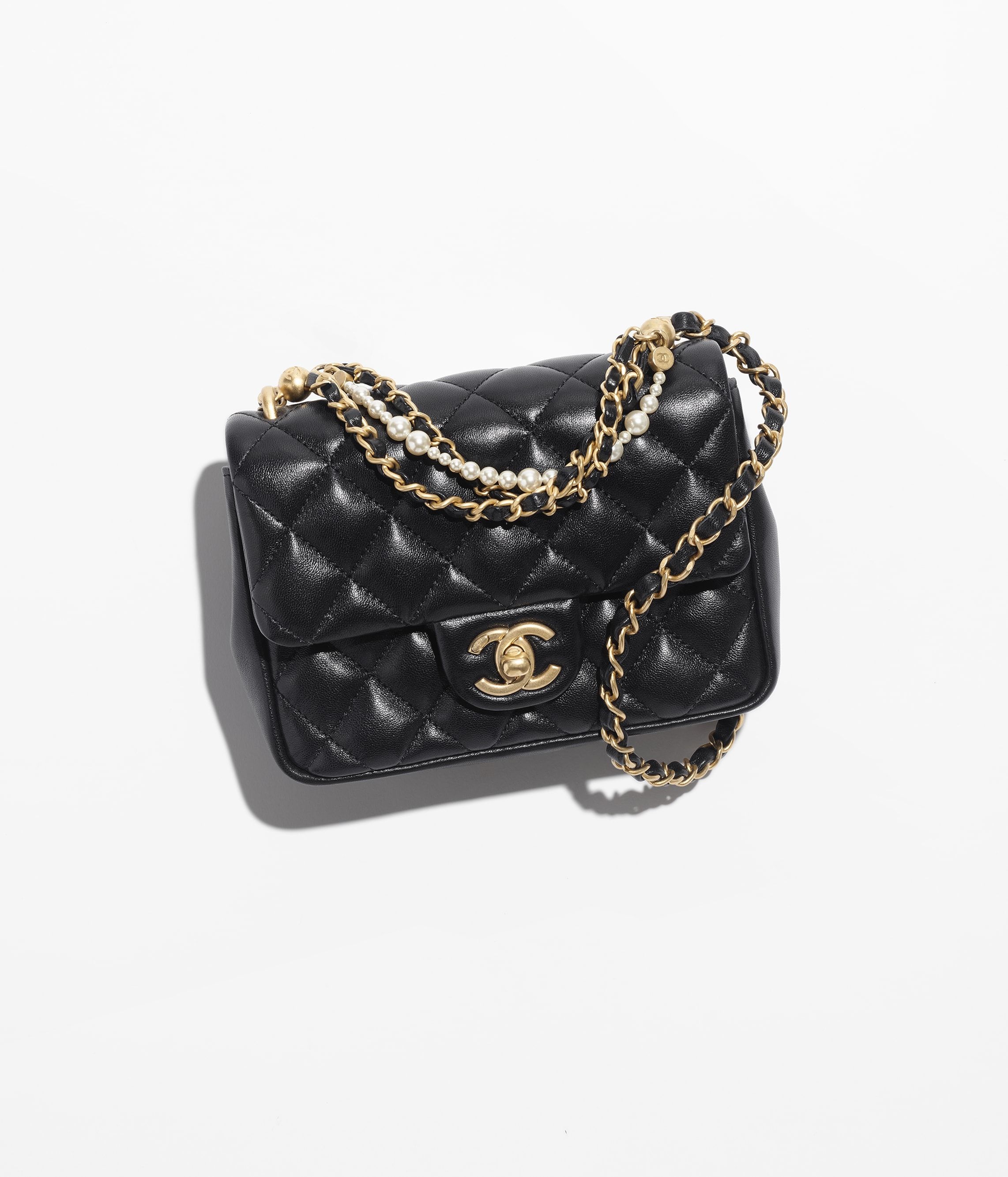 CHANEL Mini Flap Bag Black Shiny Lambskin Imitation Pearls Gold Tone Metal