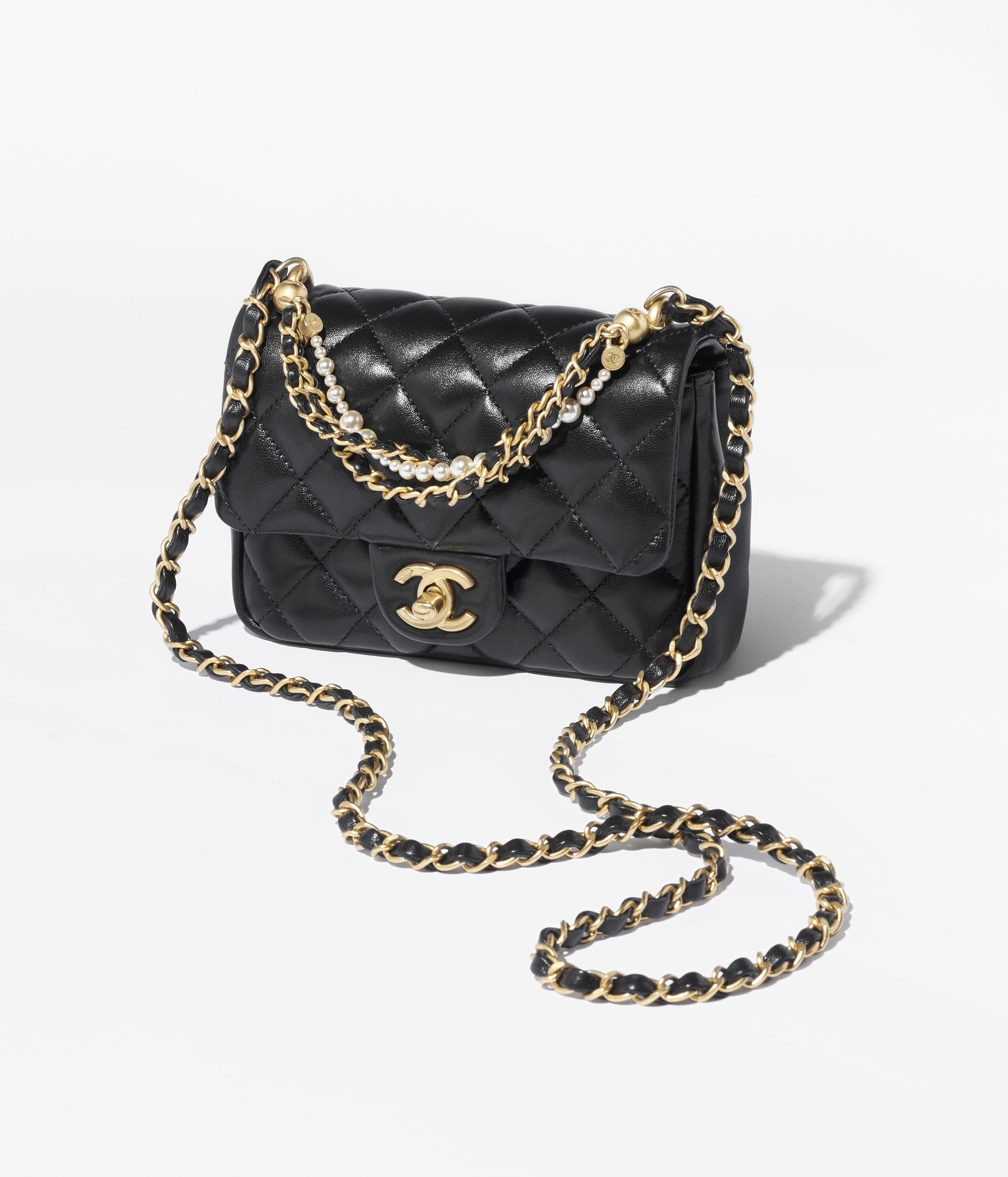 CHANEL Mini Flap Bag Black Shiny Lambskin Imitation Pearls Gold Tone Metal