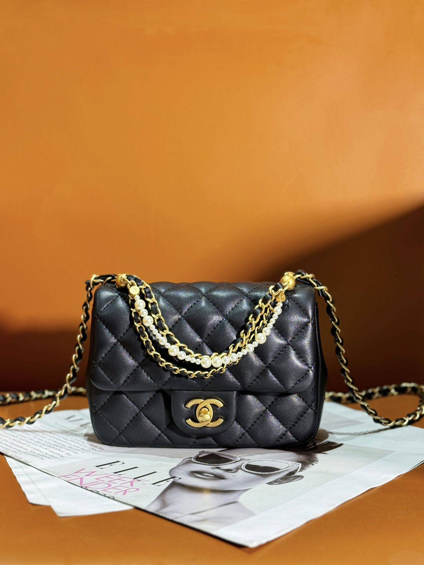 CHANEL Mini Flap Bag Black Shiny Lambskin Imitation Pearls Gold Tone Metal