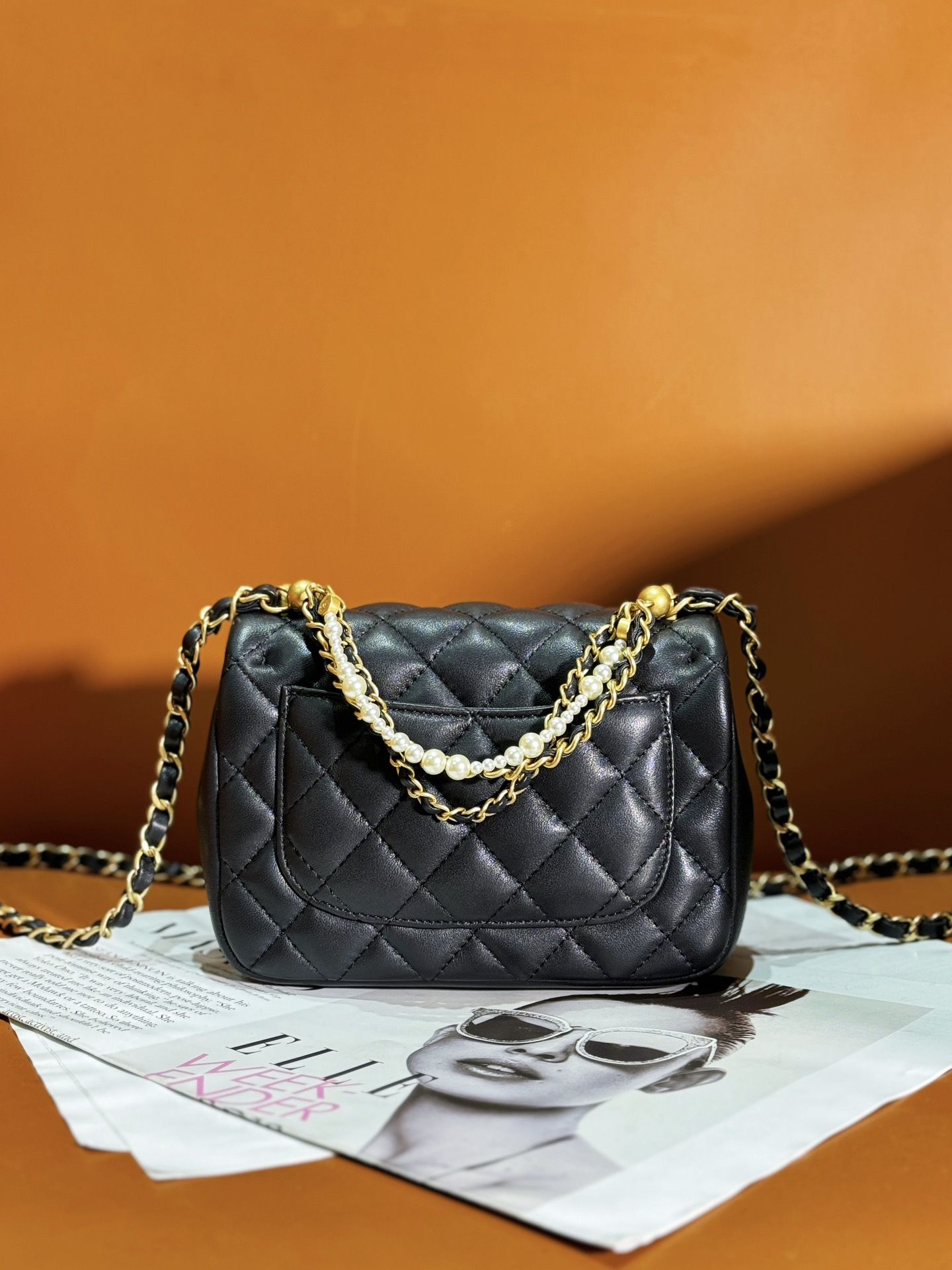 CHANEL Mini Flap Bag Black Shiny Lambskin Imitation Pearls Gold Tone Metal