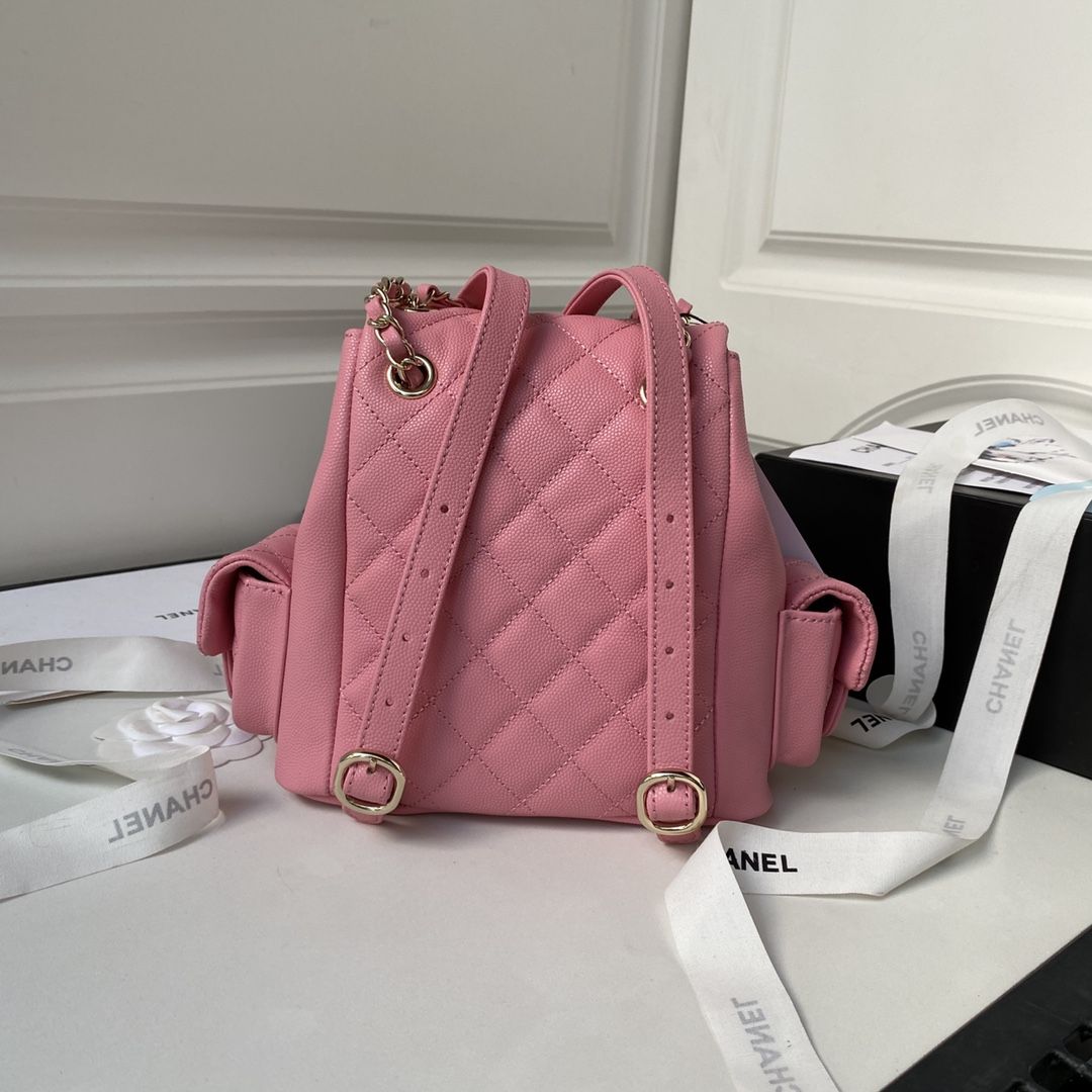 CHANEL Small Backpack Coral Pink Grained Shiny Calfskin Gold Tone Metal