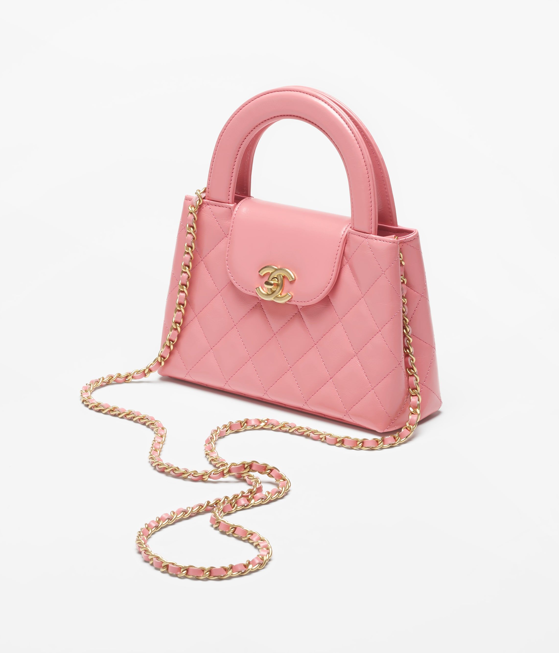 CHANEL Mini Shopping Bag Coral Pink Shiny Aged Calfskin Gold Tone Metal