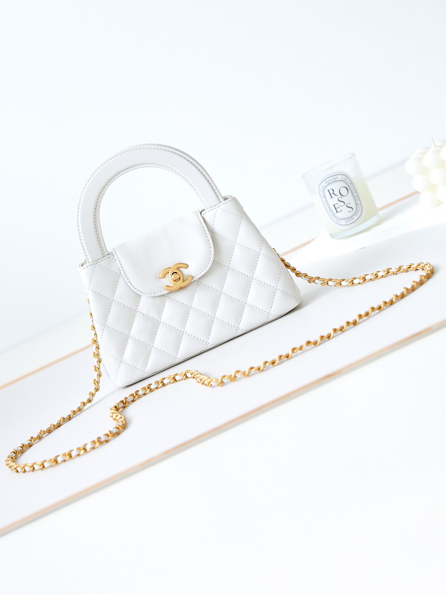 CHANEL Mini Shopping Bag White Shiny Crumpled Calfskin Gold Tone Metal