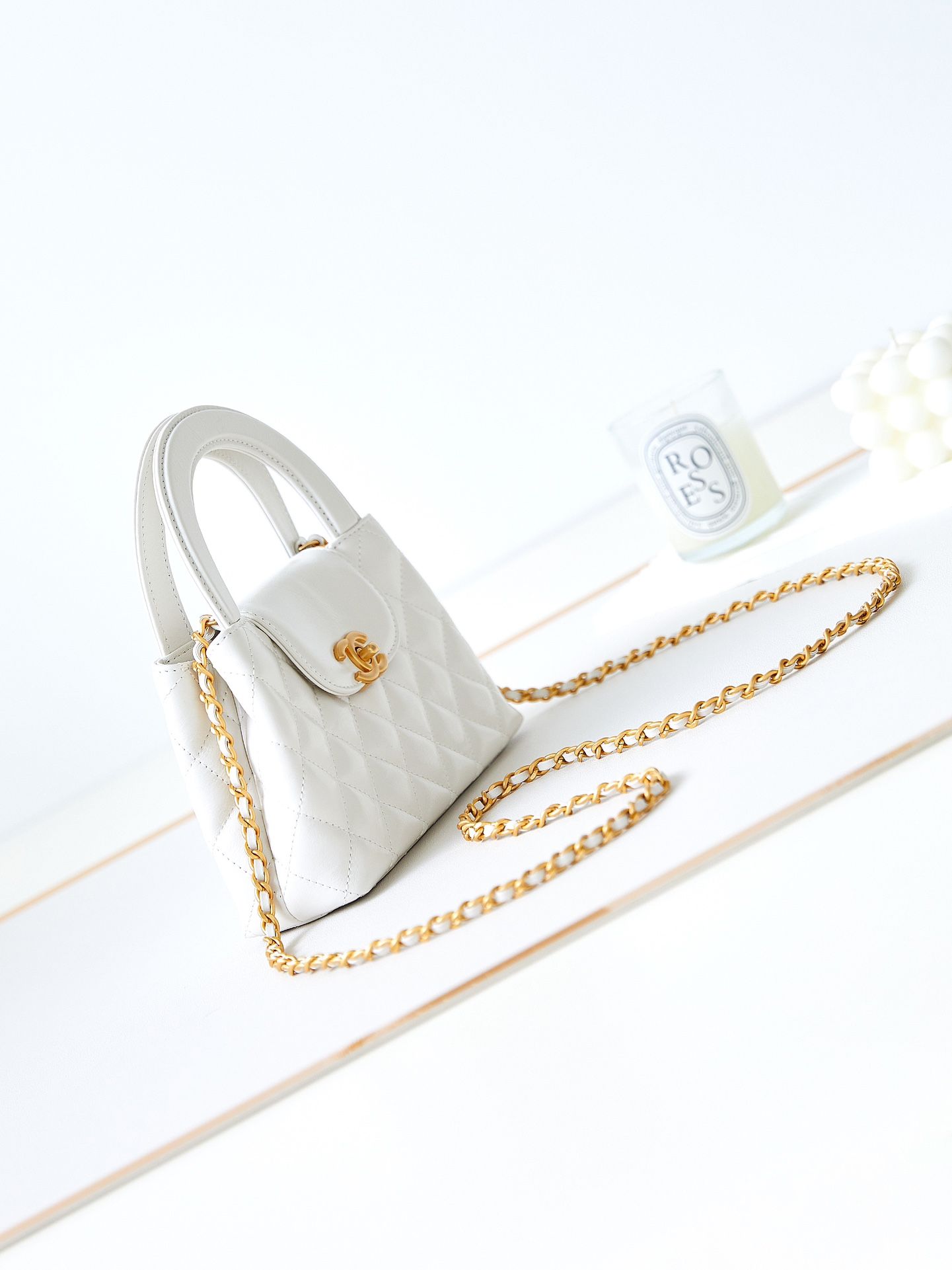 CHANEL Mini Shopping Bag White Shiny Crumpled Calfskin Gold Tone Metal