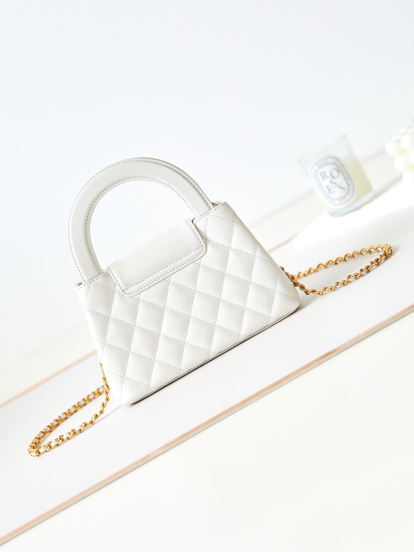 CHANEL Mini Shopping Bag White Shiny Crumpled Calfskin Gold Tone Metal