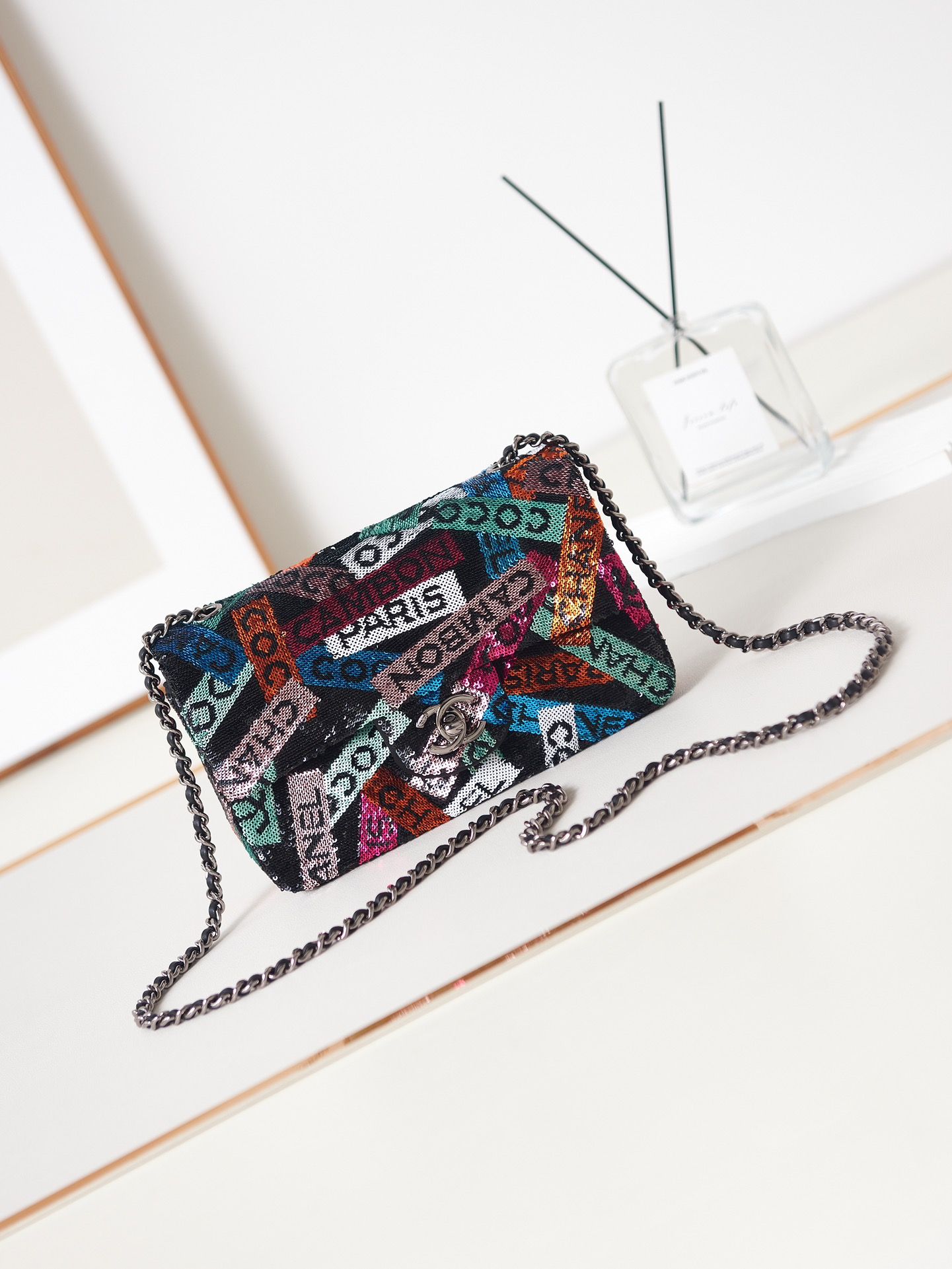 CHANEL Small Flap Bag Multicolor Sequins Ruthenium Finish Metal