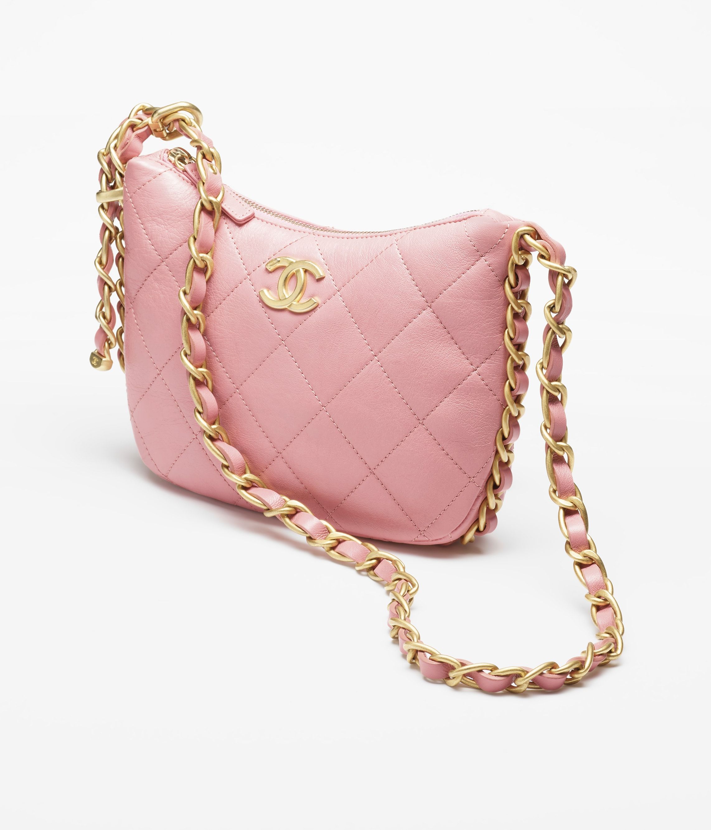 CHANEL Hobo Handbag Coral Pink Shiny Lambskin Gold Tone Metal