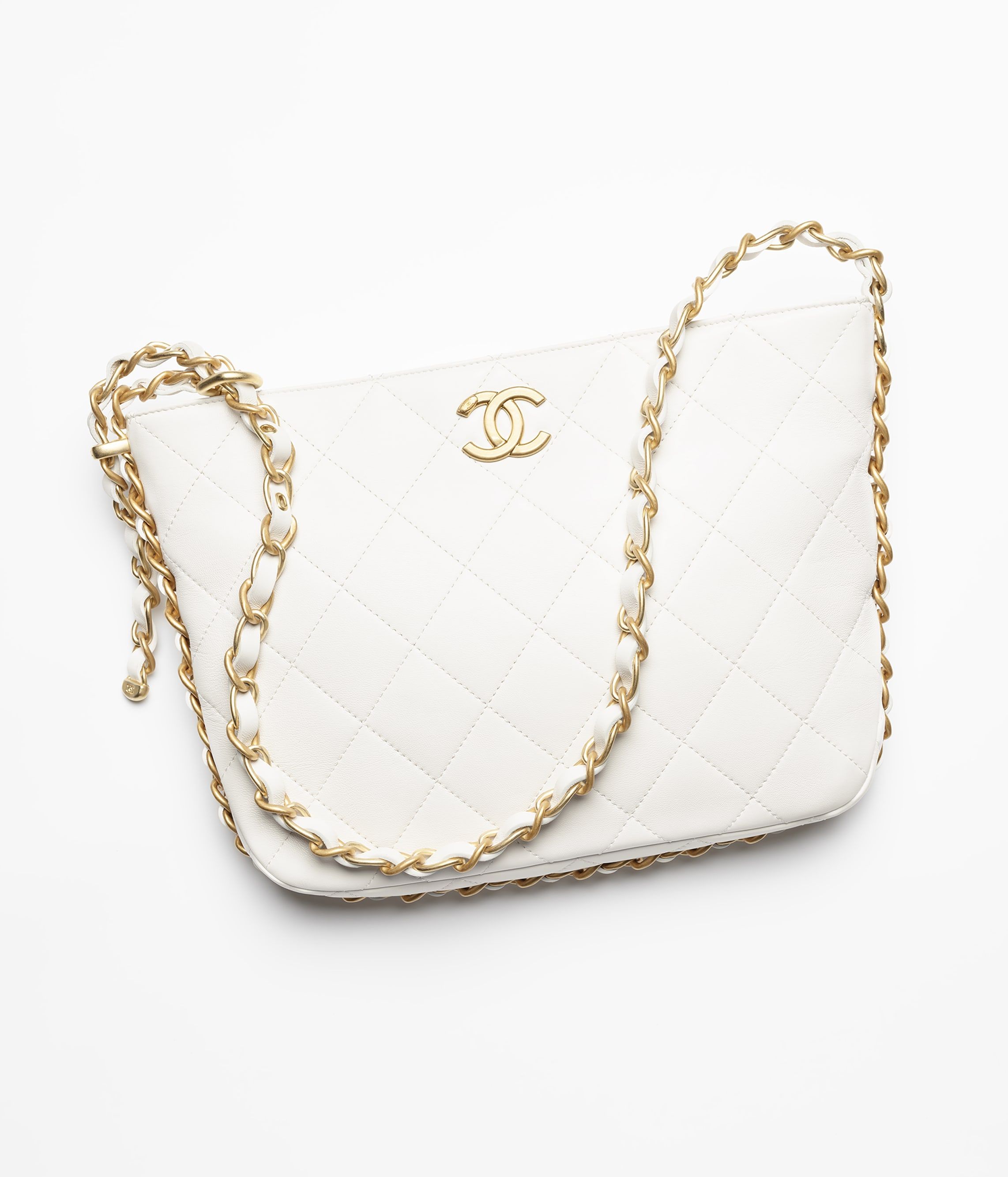 CHANEL Large Hobo Bag White Shiny Lambskin Gold Tone Metal