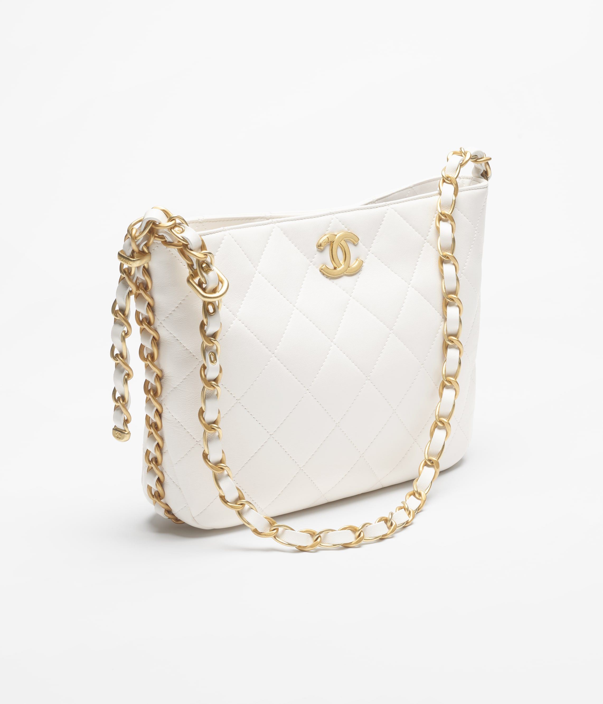 CHANEL Large Hobo Bag White Shiny Lambskin Gold Tone Metal