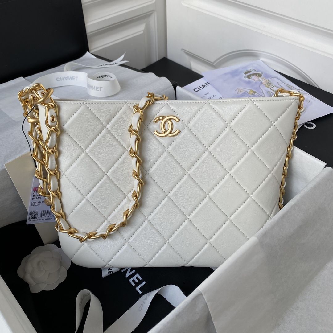 CHANEL Large Hobo Bag White Shiny Lambskin Gold Tone Metal