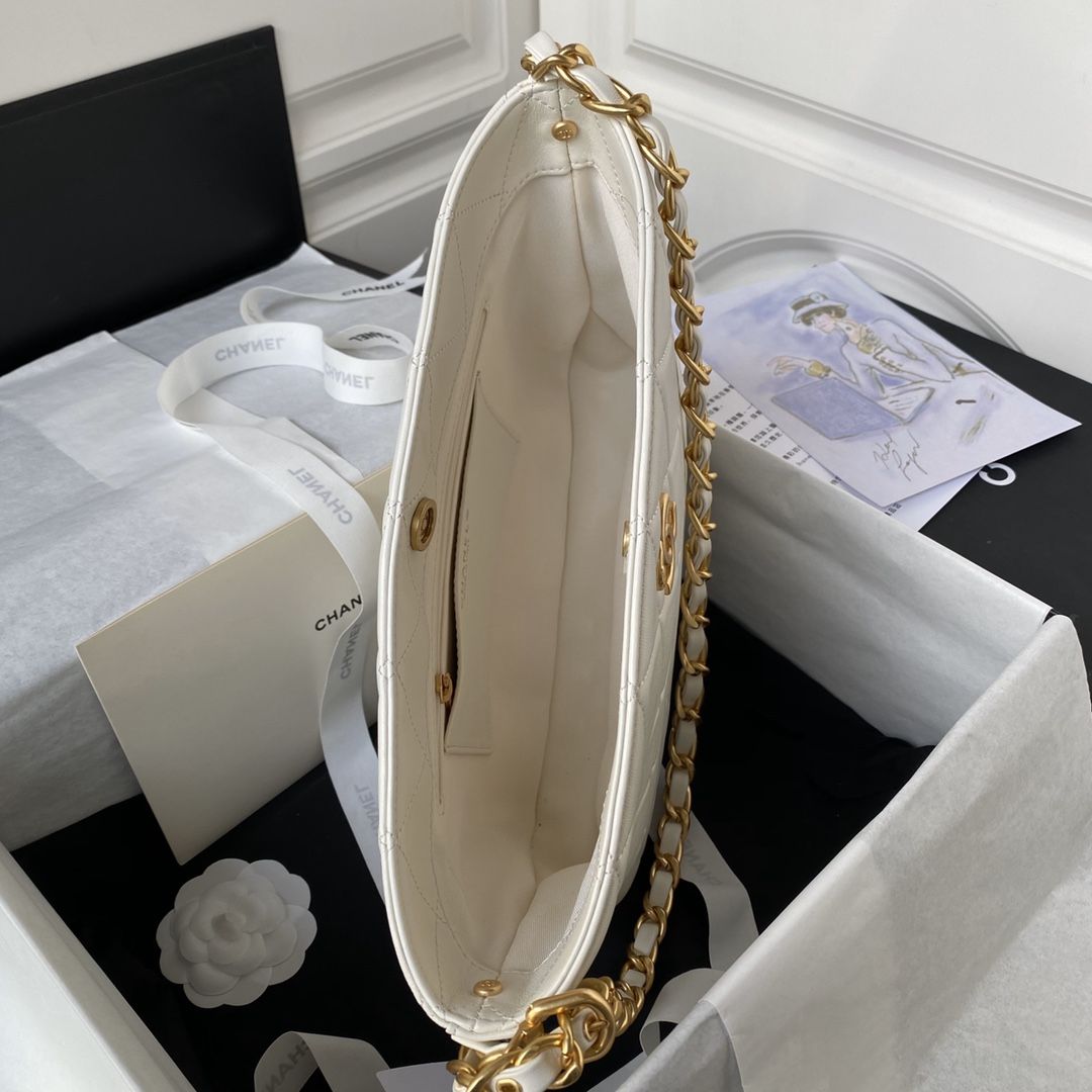 CHANEL Large Hobo Bag White Shiny Lambskin Gold Tone Metal