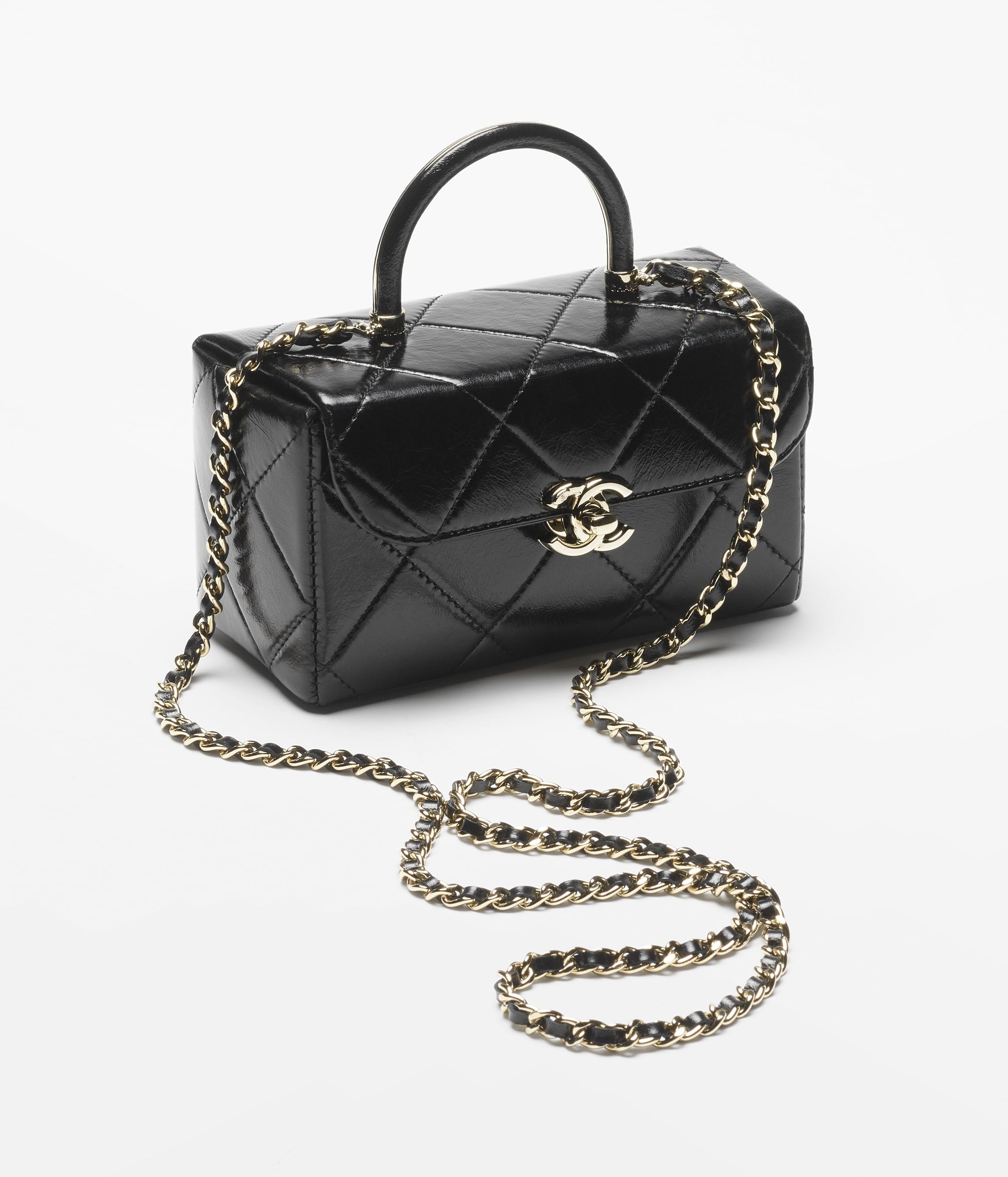 CHANEL Mini Box Bag Black Shiny Calfskin Gold Tone Metal