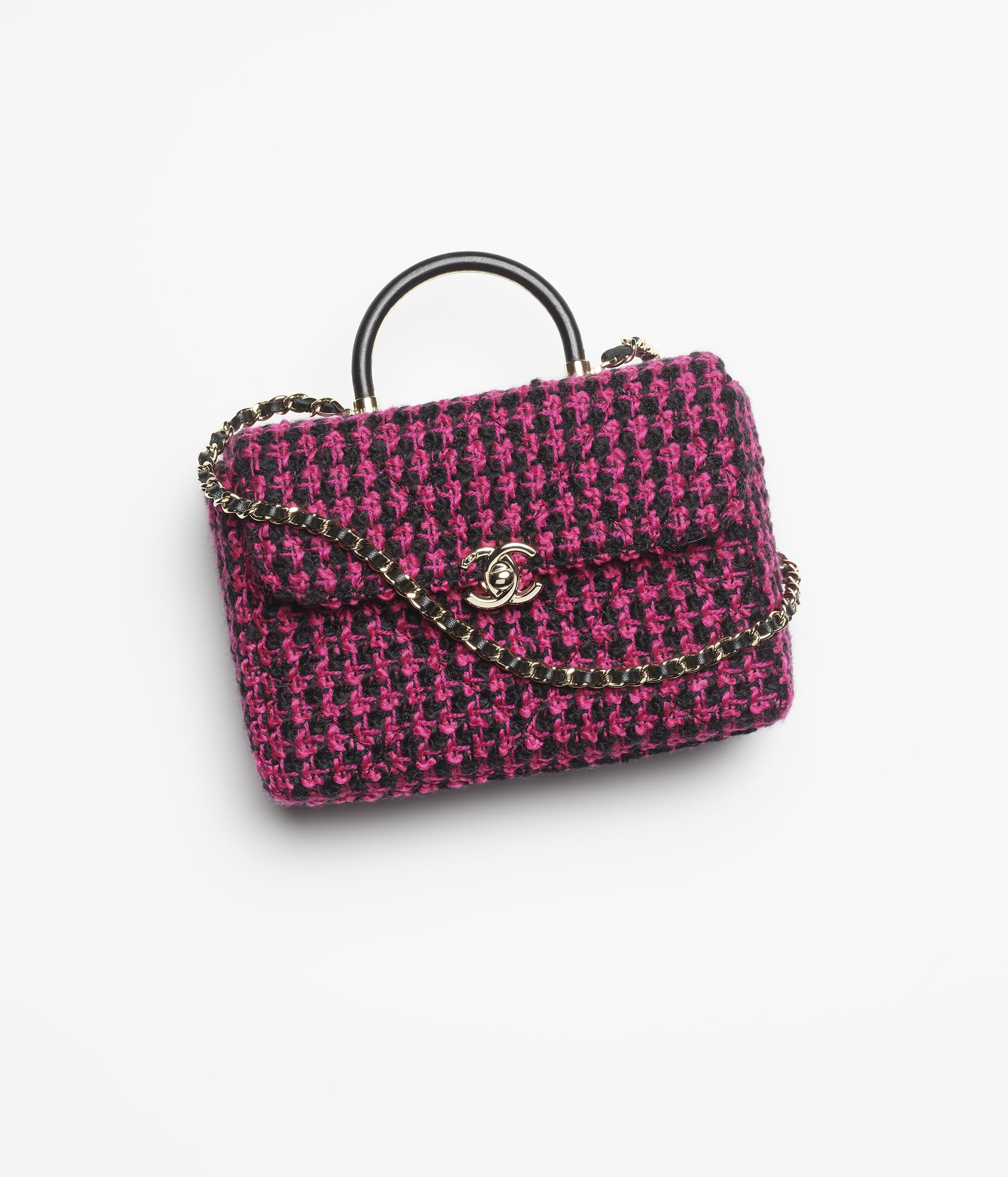 CHANEL Small box bag Fuchsia Black Wool Tweed Gold Tone Metal