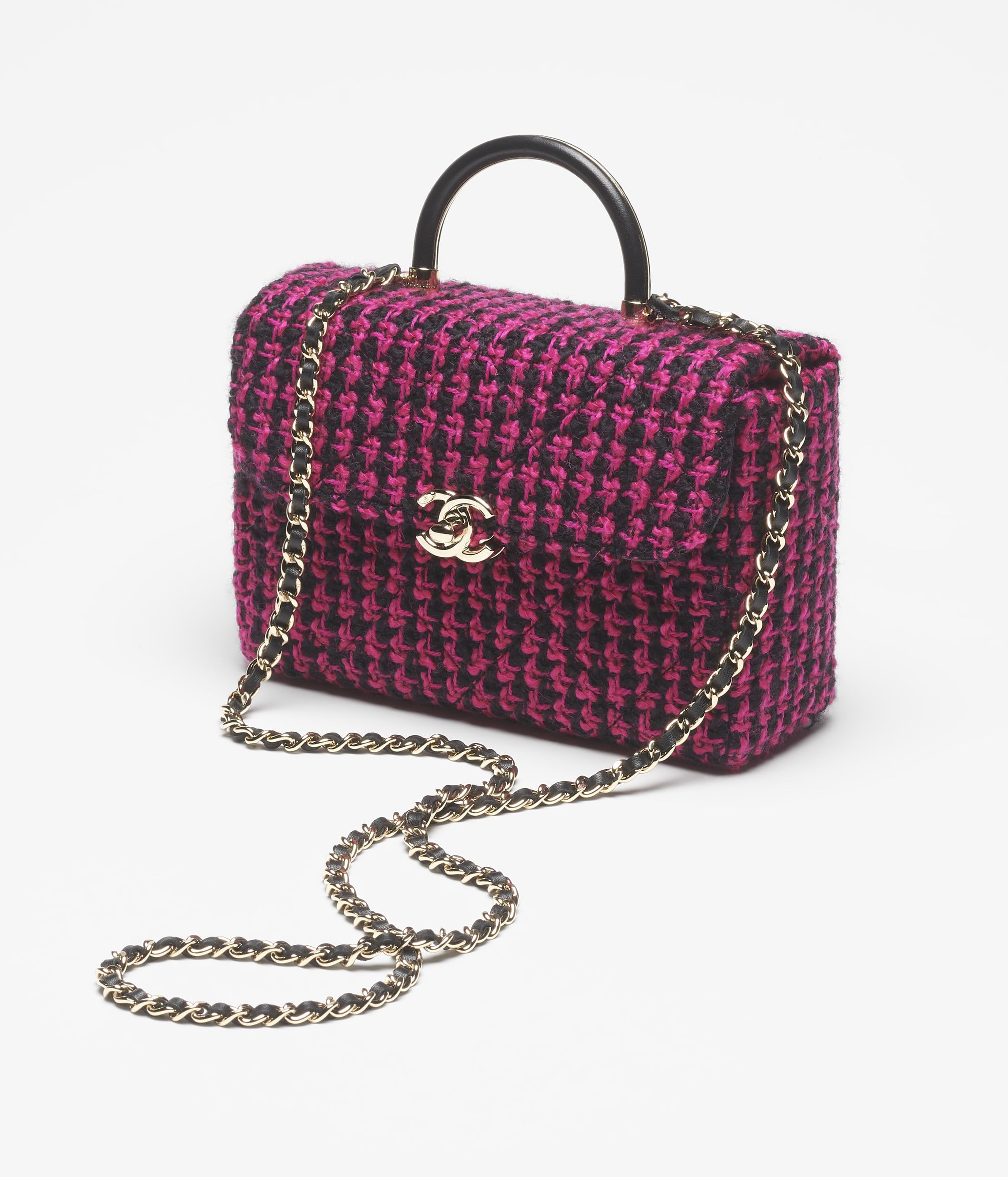 CHANEL Small box bag Fuchsia Black Wool Tweed Gold Tone Metal