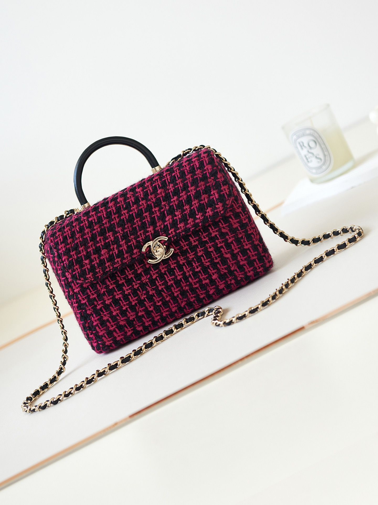 CHANEL Small box bag Fuchsia Black Wool Tweed Gold Tone Metal