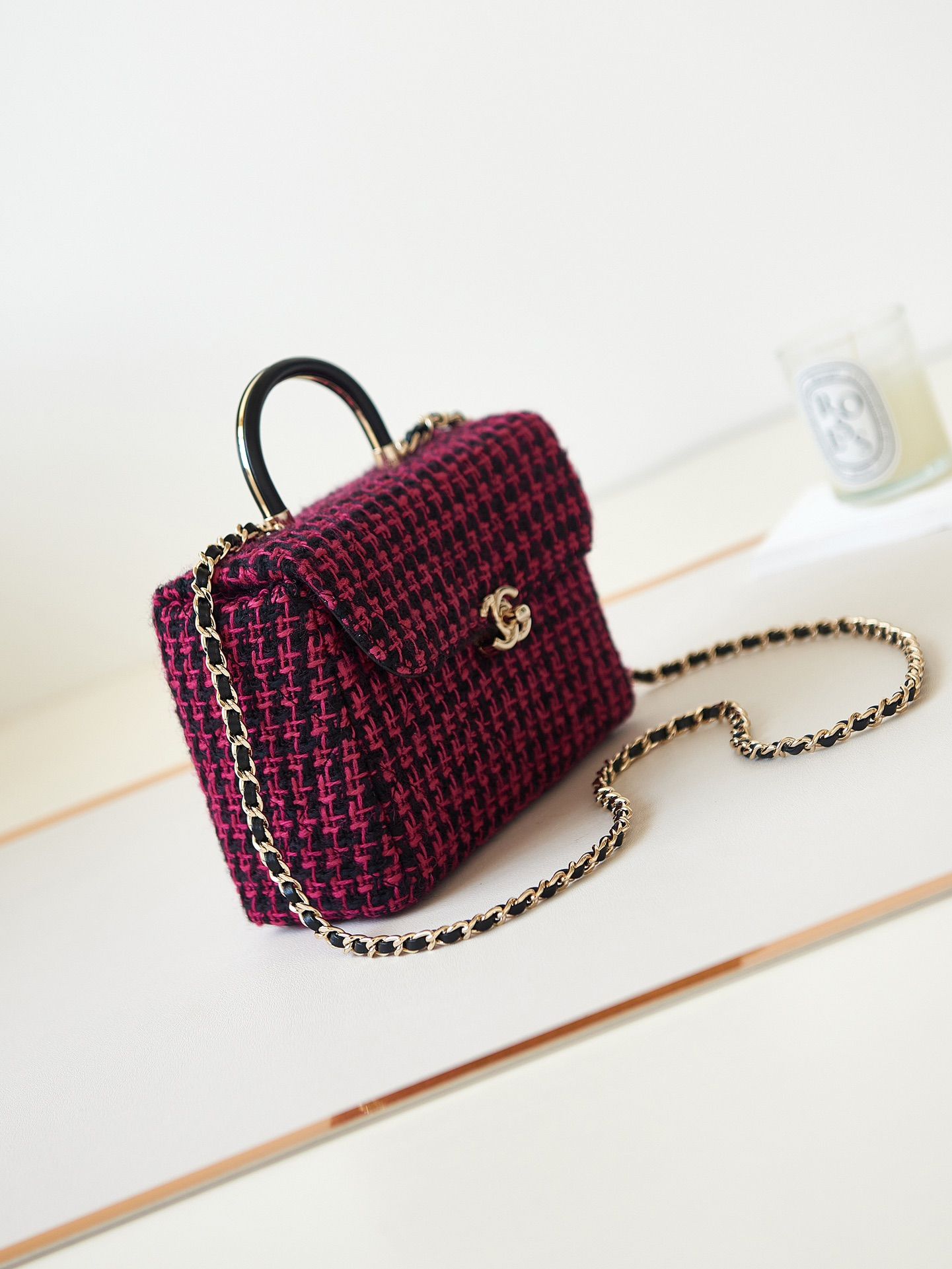 CHANEL Small box bag Fuchsia Black Wool Tweed Gold Tone Metal