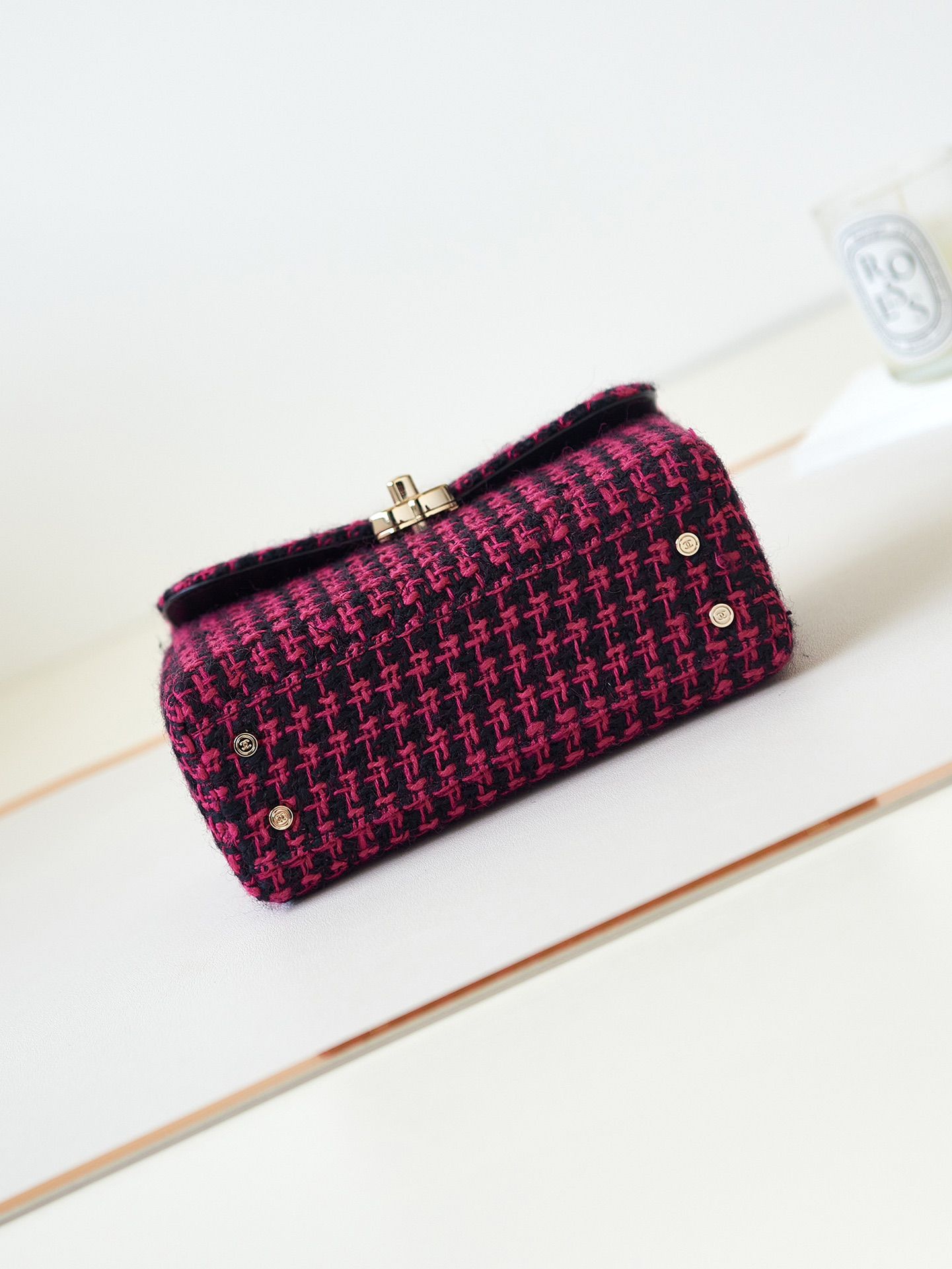 CHANEL Small box bag Fuchsia Black Wool Tweed Gold Tone Metal