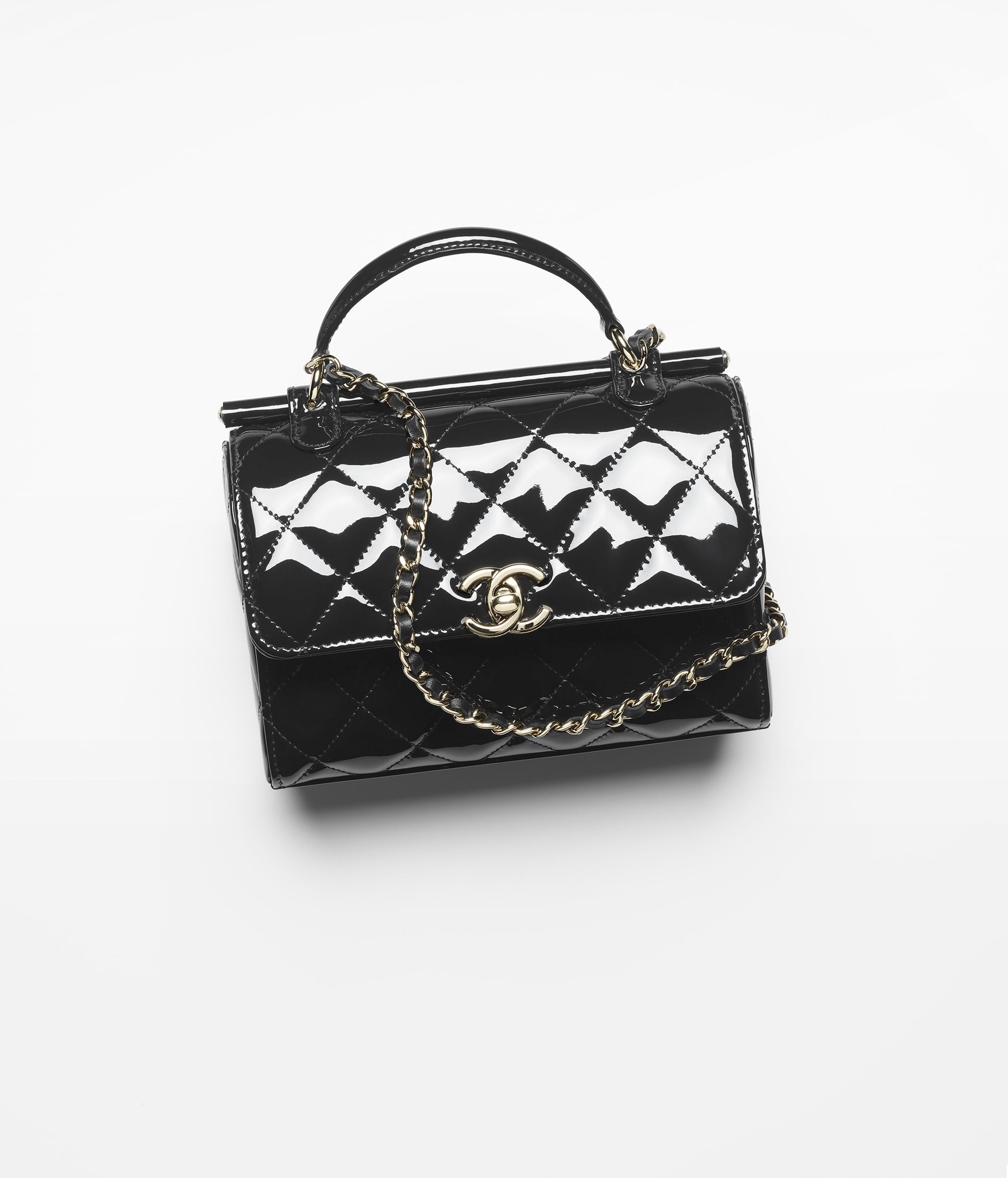 CHANEL Small box bag Black Patent Calfskin Gold Tone Metal