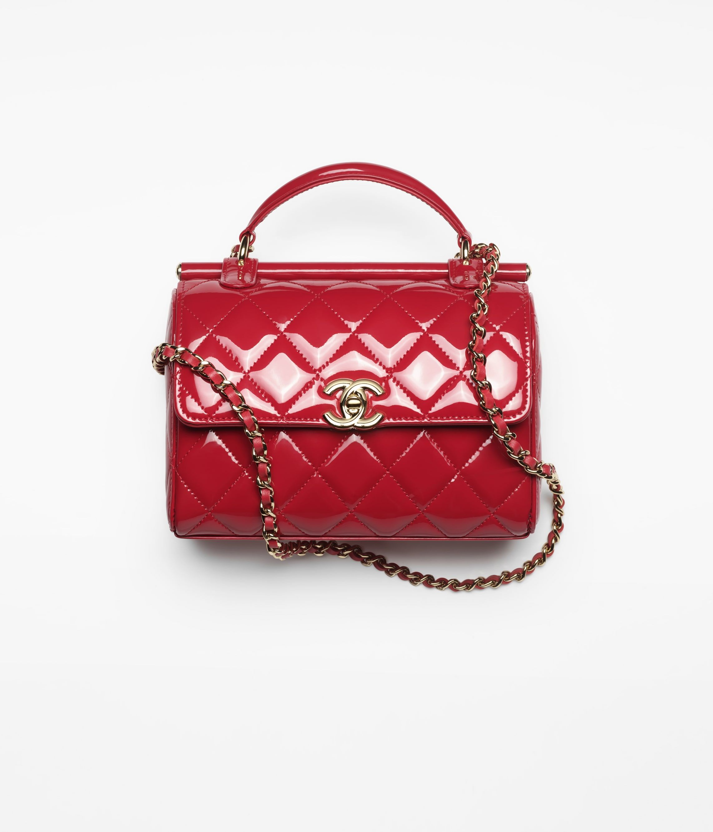 CHANEL Small box bag Red Patent Calfskin Gold Tone Metal