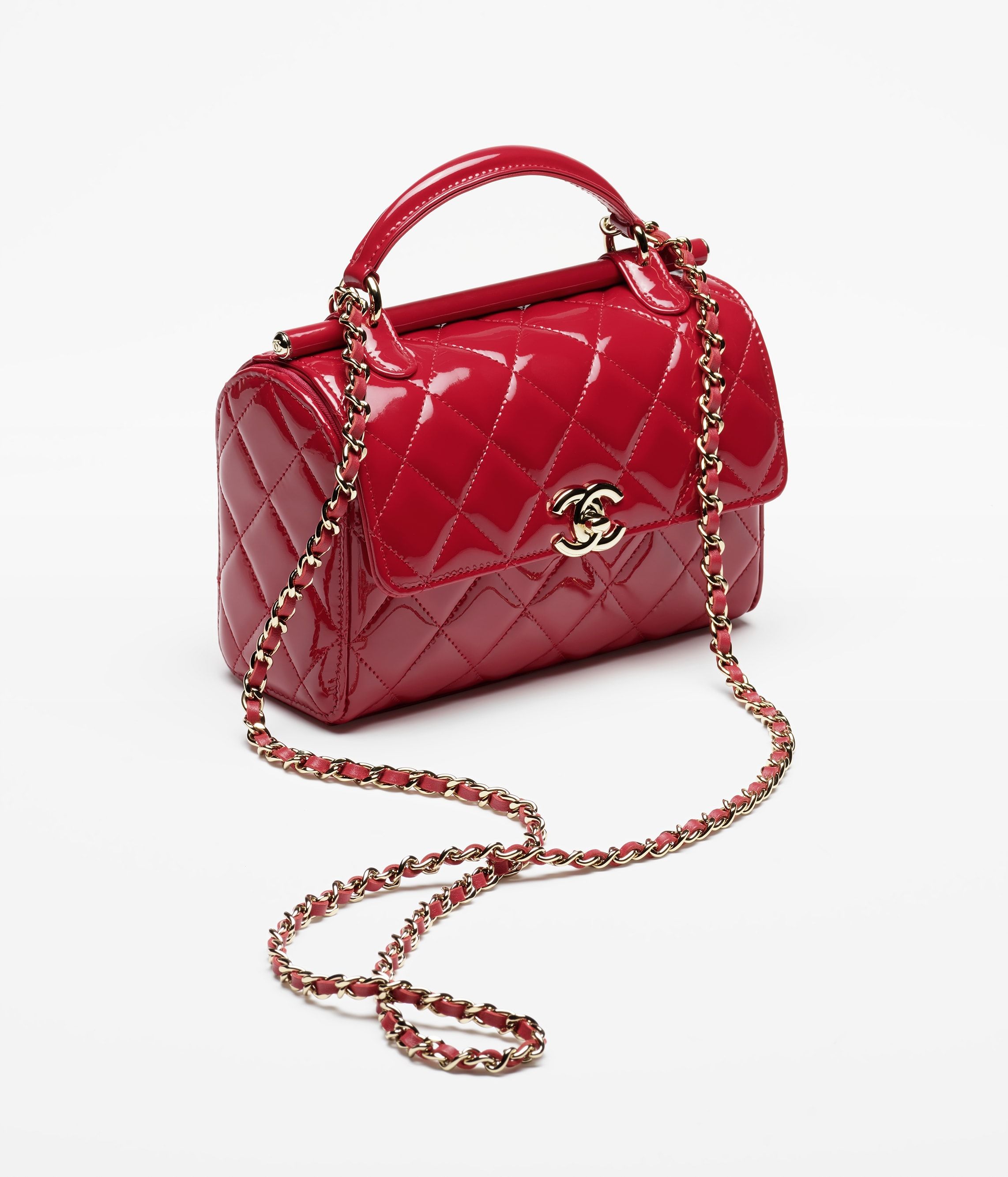 CHANEL Small box bag Red Patent Calfskin Gold Tone Metal