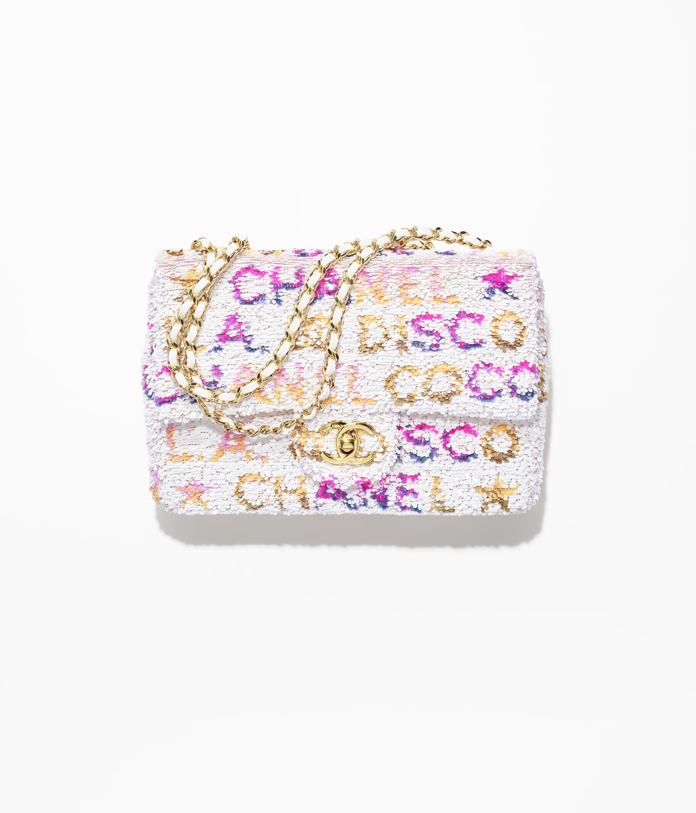 CHANEL Small Flap Bag White Yellow Pink Blue Sequins Gold Tone Metal