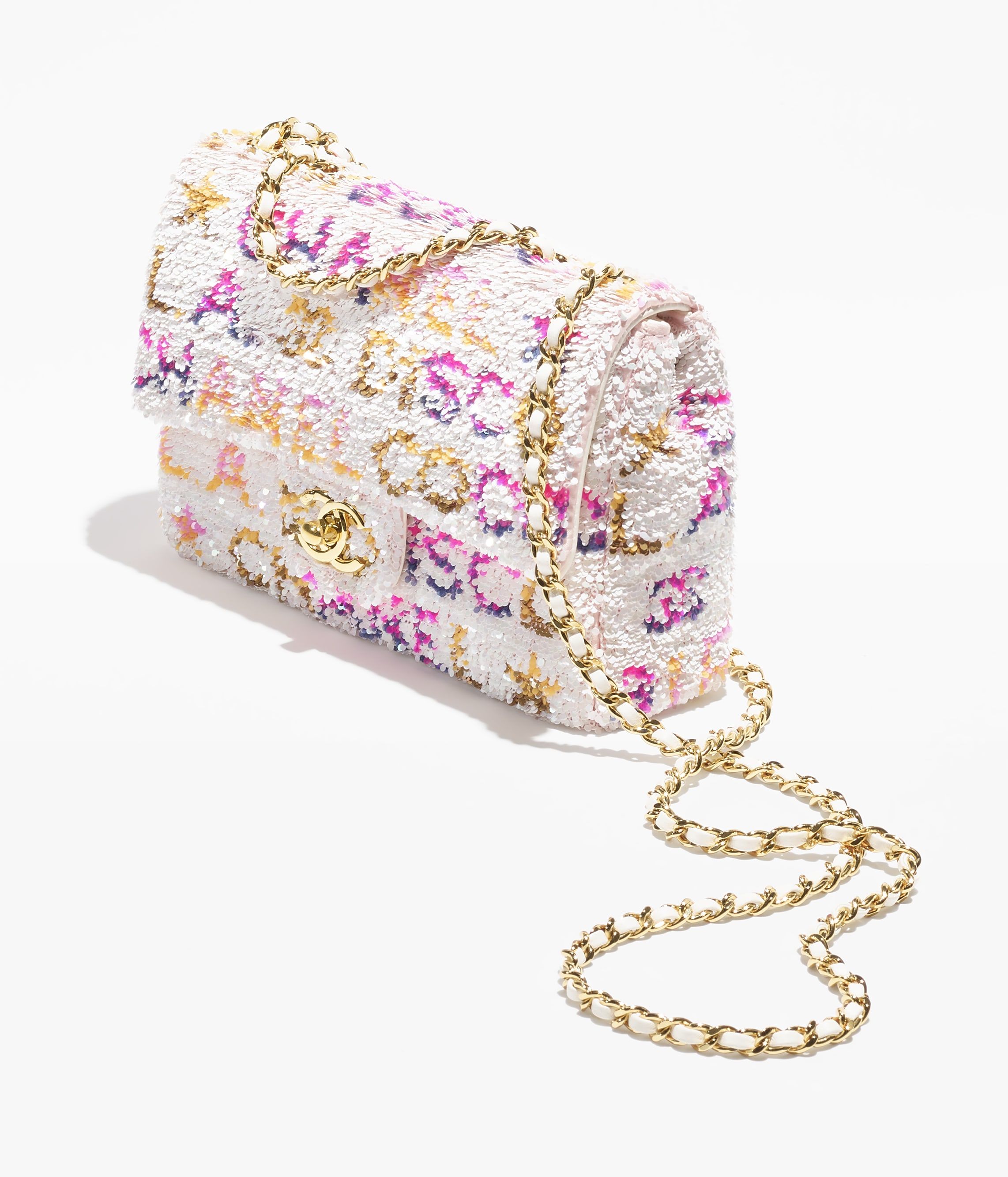 CHANEL Small Flap Bag White Yellow Pink Blue Sequins Gold Tone Metal