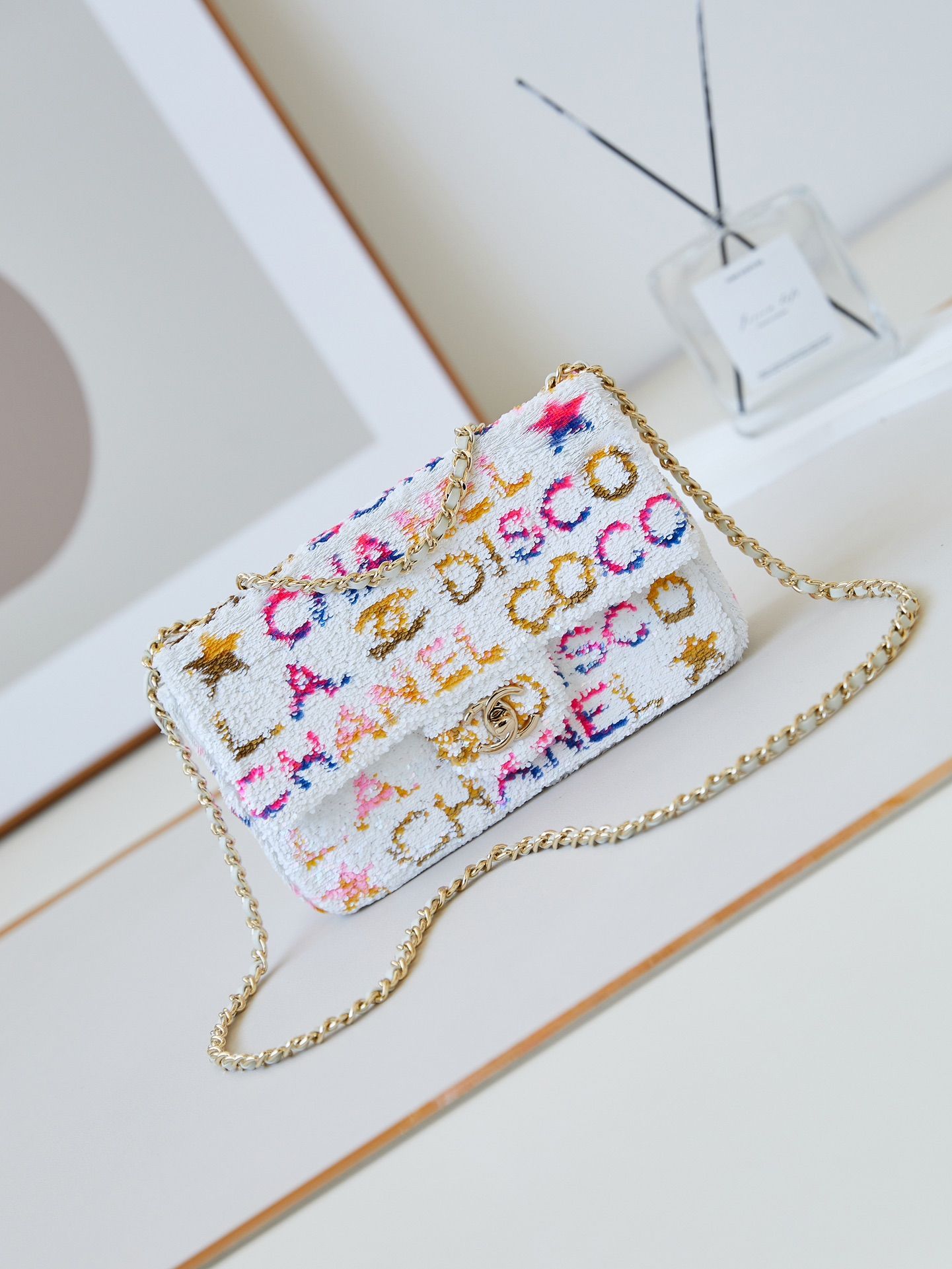 CHANEL Small Flap Bag White Yellow Pink Blue Sequins Gold Tone Metal