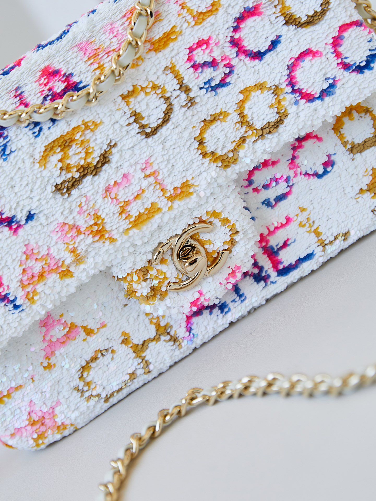 CHANEL Small Flap Bag White Yellow Pink Blue Sequins Gold Tone Metal