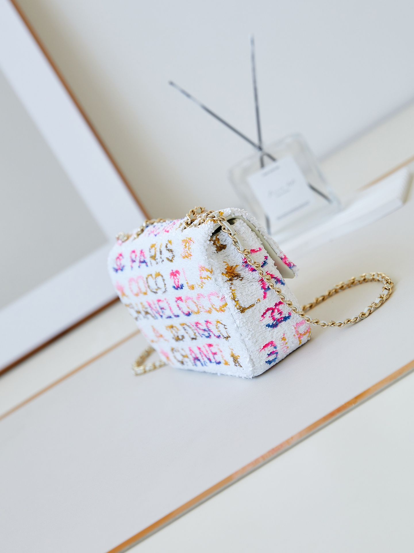 CHANEL Small Flap Bag White Yellow Pink Blue Sequins Gold Tone Metal