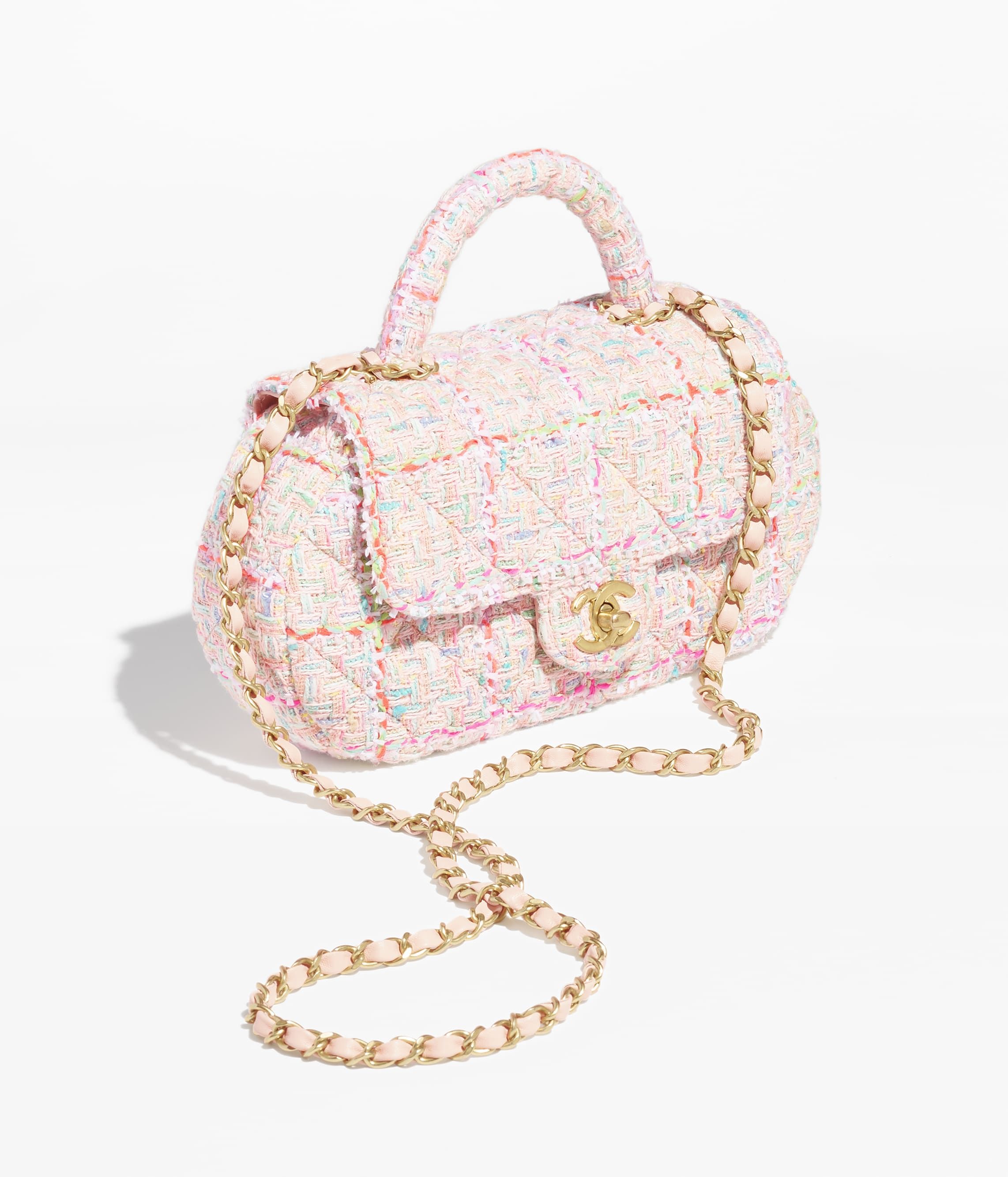 CHANEL Bag with Top Handle Multicolor Tweed Gold Tone Metal