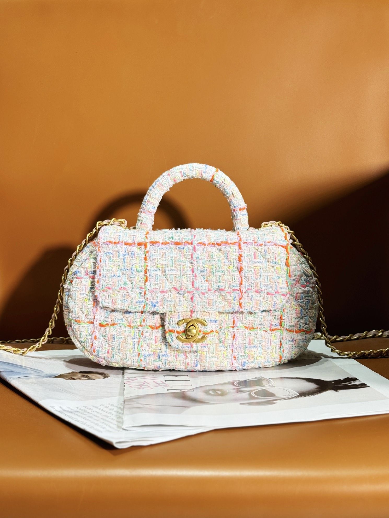 CHANEL Bag with Top Handle Multicolor Tweed Gold Tone Metal