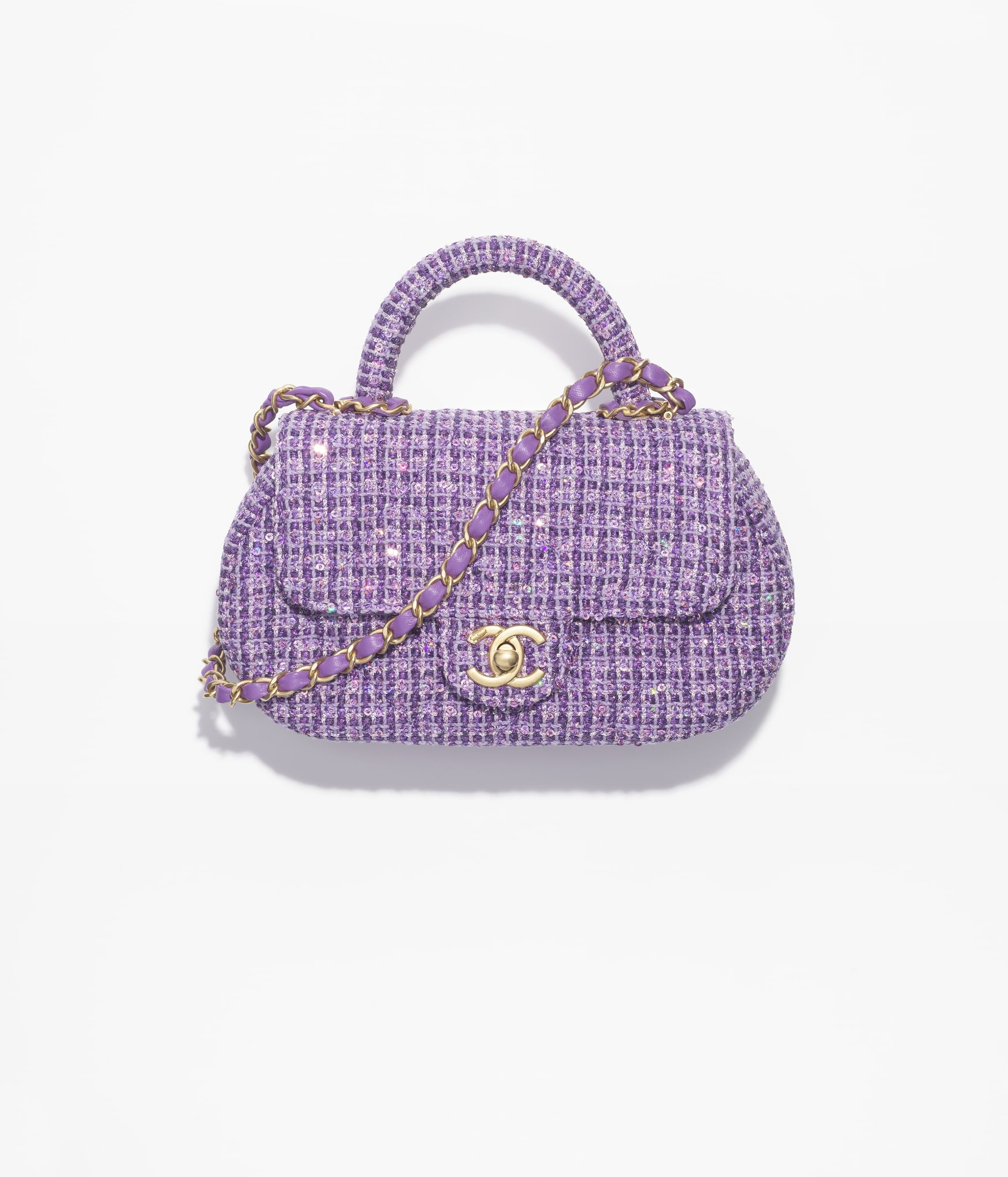 CHANEL Small Bag with Top Handle Purple Silver Tweed Sequins Gold Tone Metal