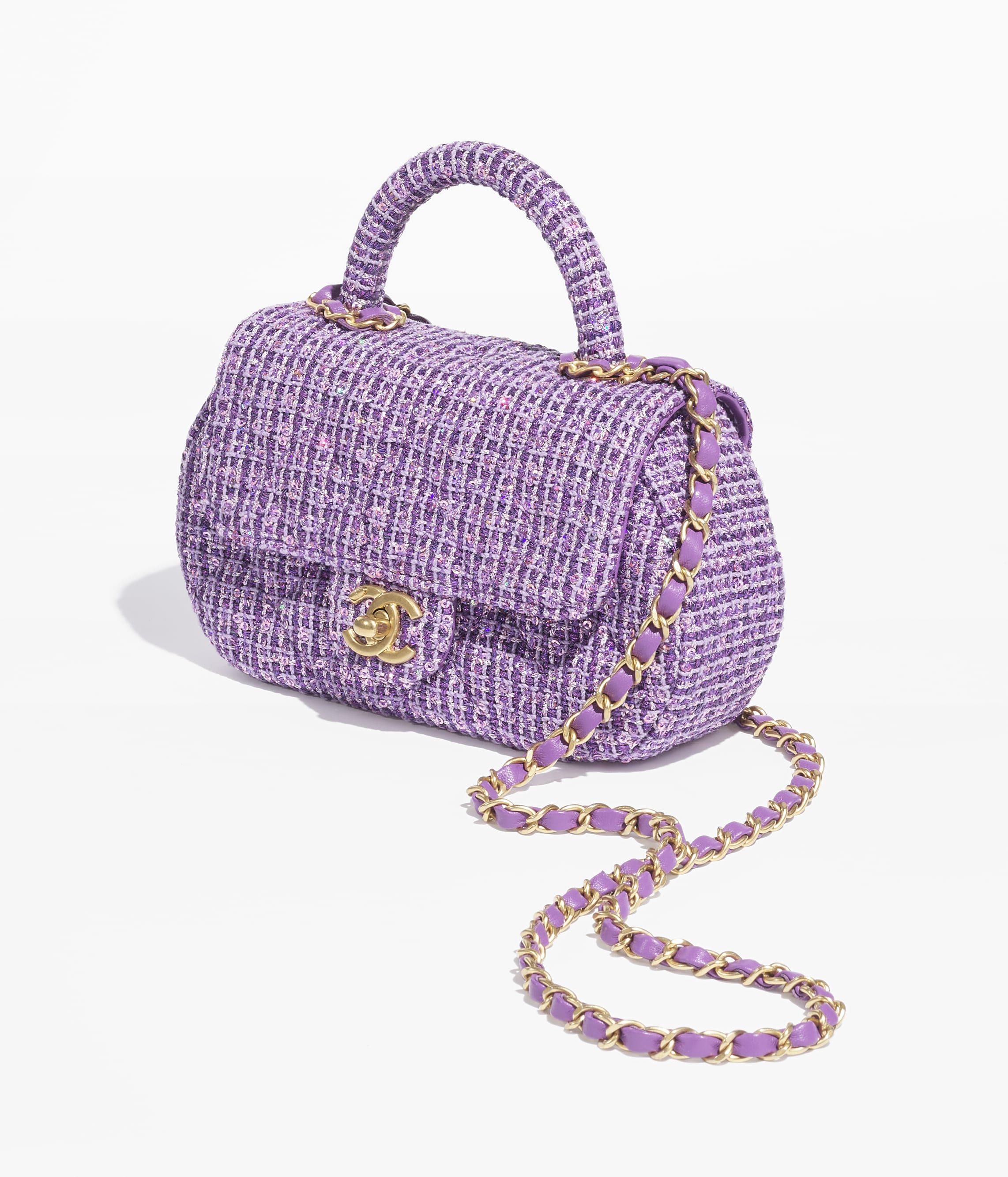 CHANEL Small Bag with Top Handle Purple Silver Tweed Sequins Gold Tone Metal