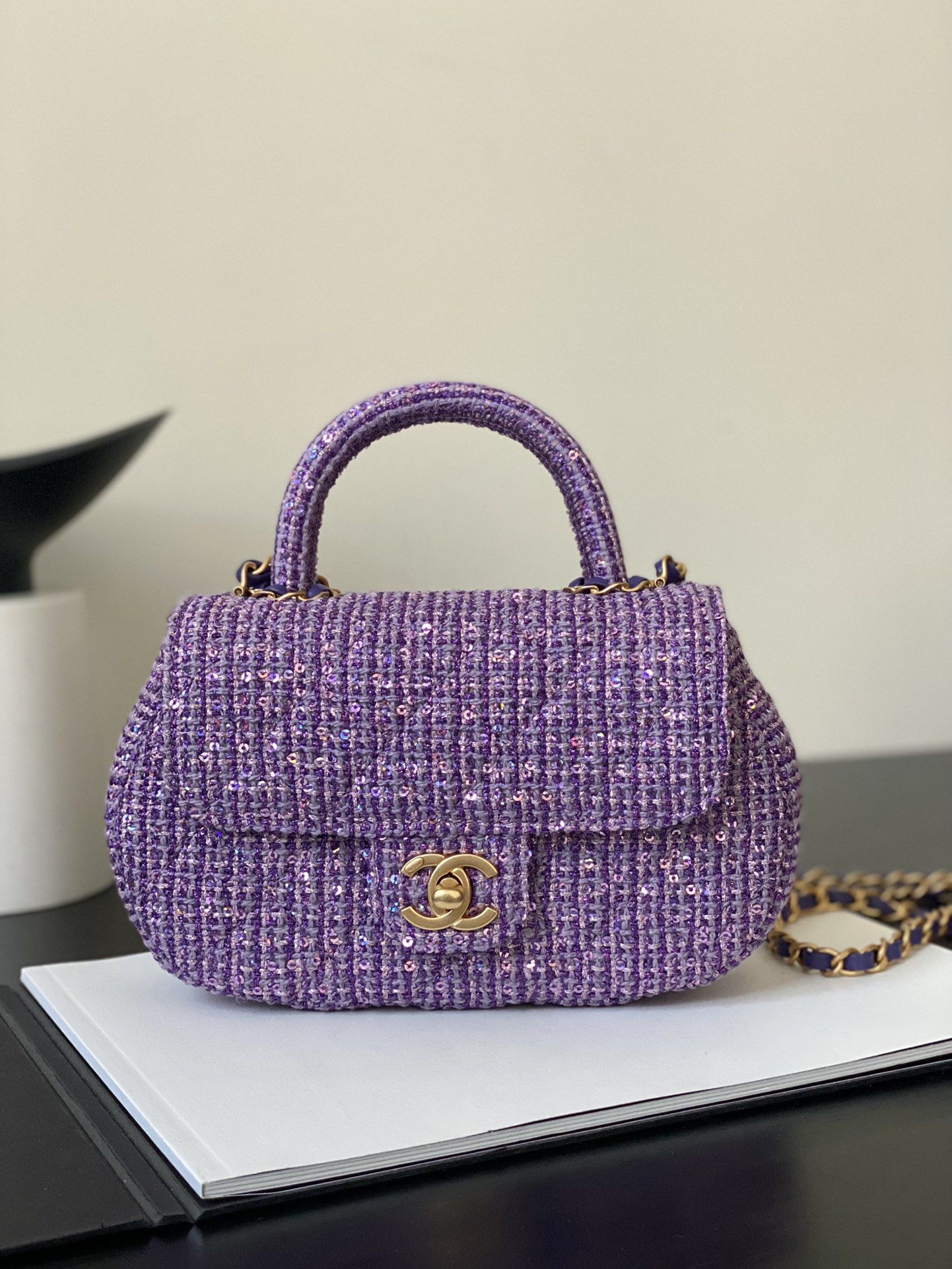 CHANEL Small Bag with Top Handle Purple Silver Tweed Sequins Gold Tone Metal