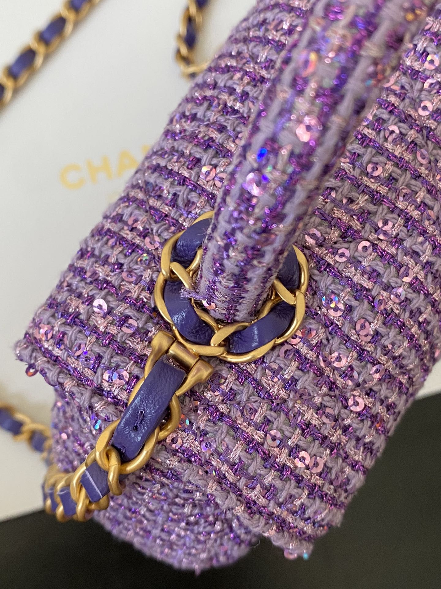 CHANEL Small Bag with Top Handle Purple Silver Tweed Sequins Gold Tone Metal