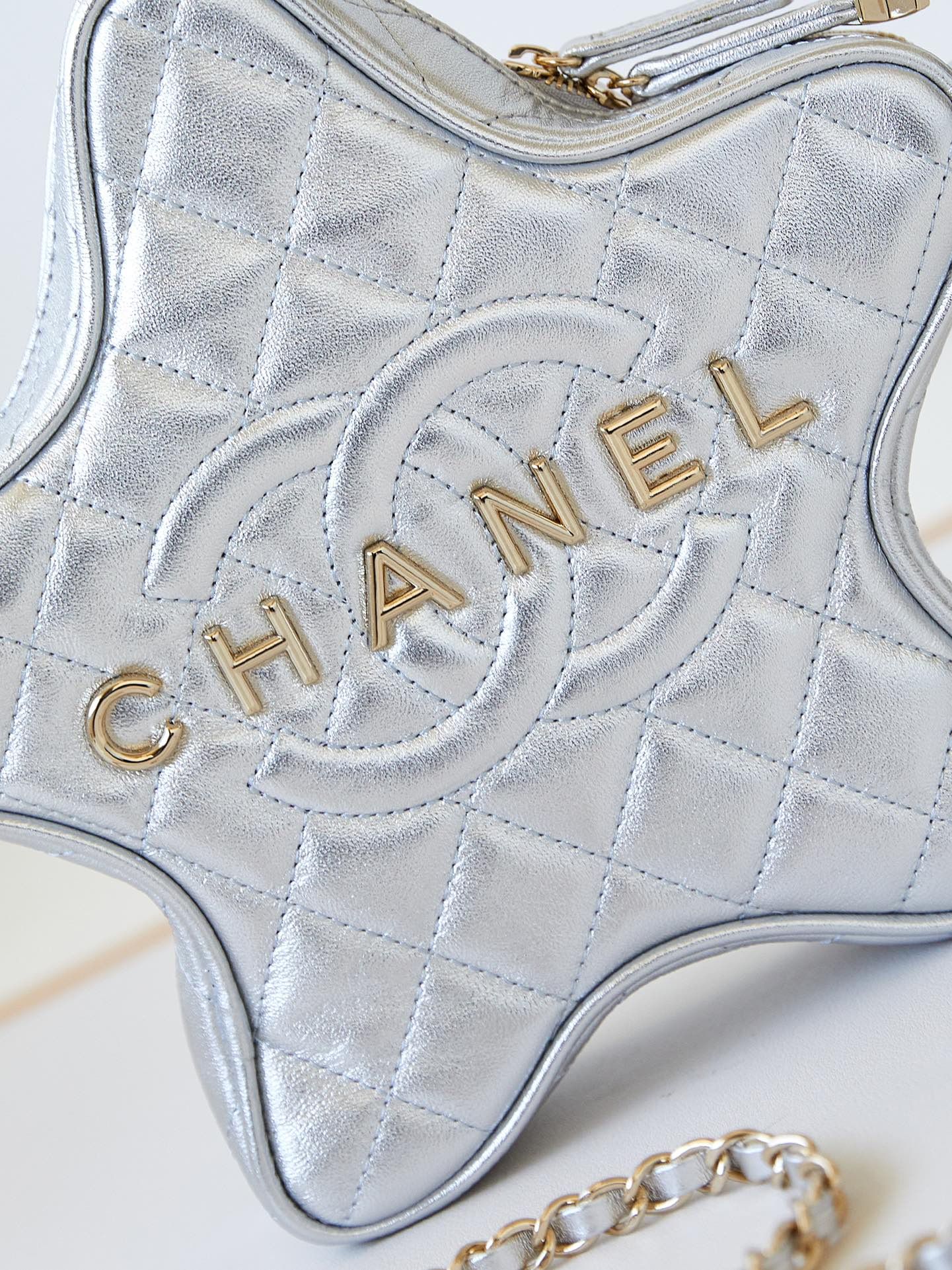 CHANEL Star Handbag Silver Metallic Lambskin Gold Tone Metal